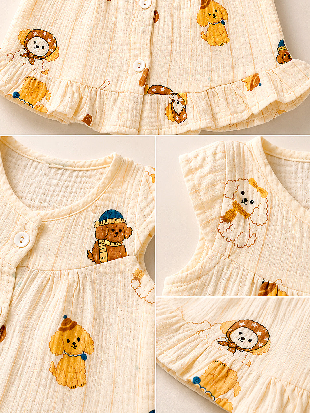 Puppy Print Baby Girl Muslin Frock | Sleeveless Flutter Sleeve Dress with Ruffle Hem | Button Placket