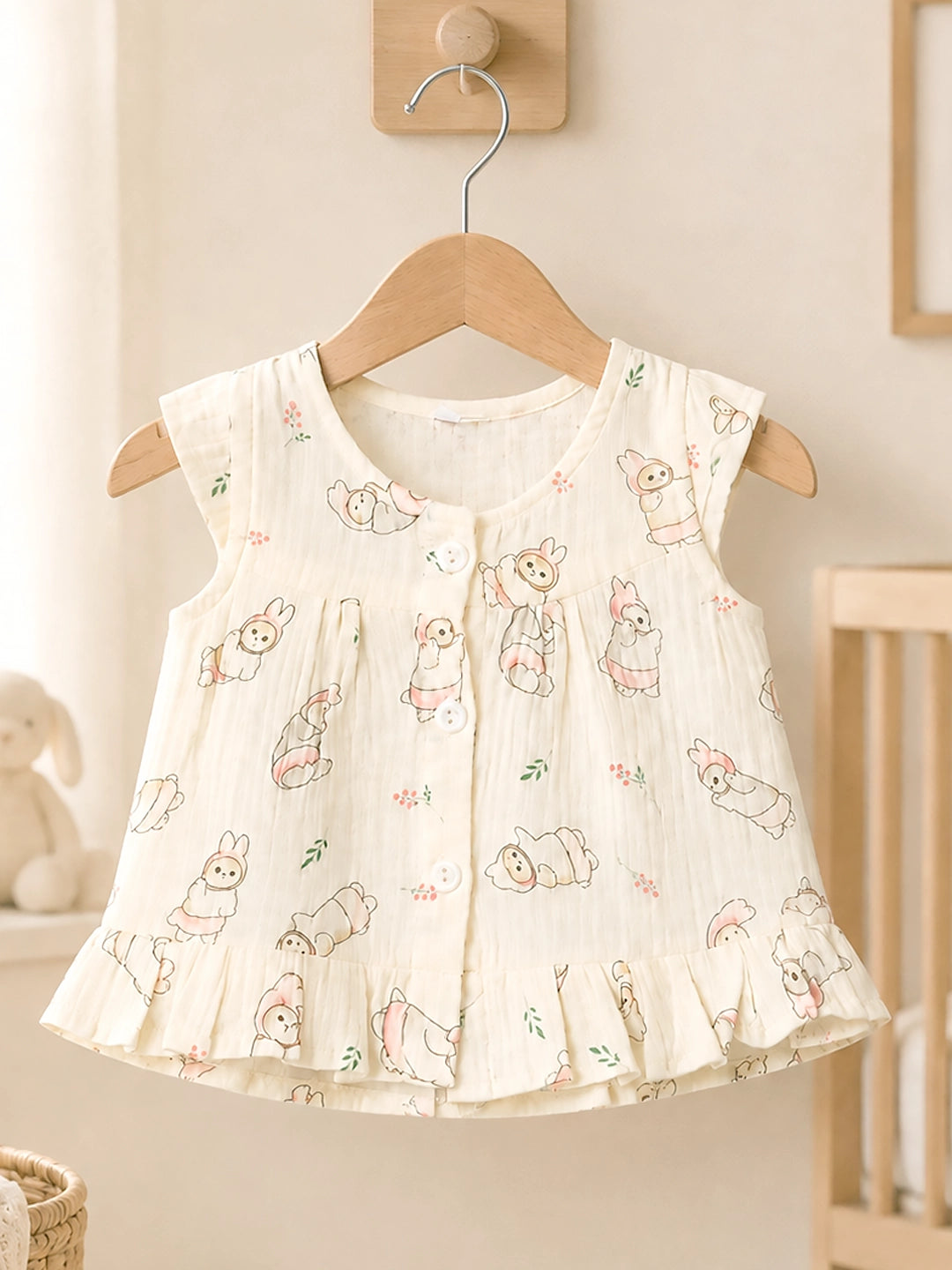 Bunny Bear Baby Frock | Muslin Cotton | Sleeveless Ruffle Hem Dress | 0–6 Months
