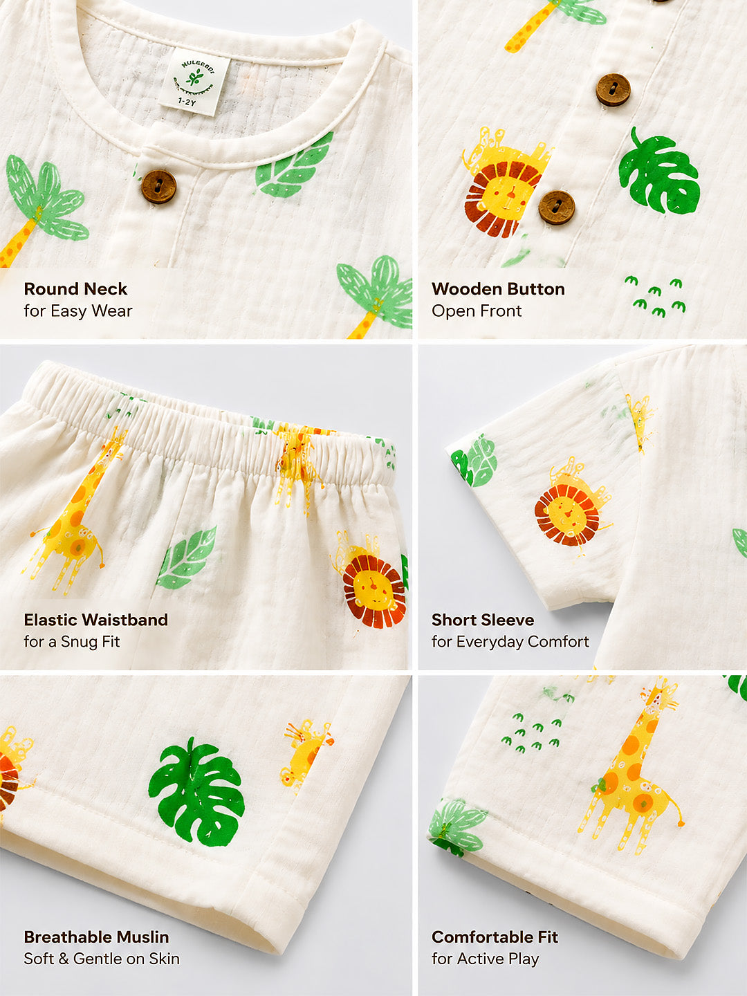Safari Jungle Baby Pyjama Set | Muslin Cotton | Half Sleeve Top & Full Pants