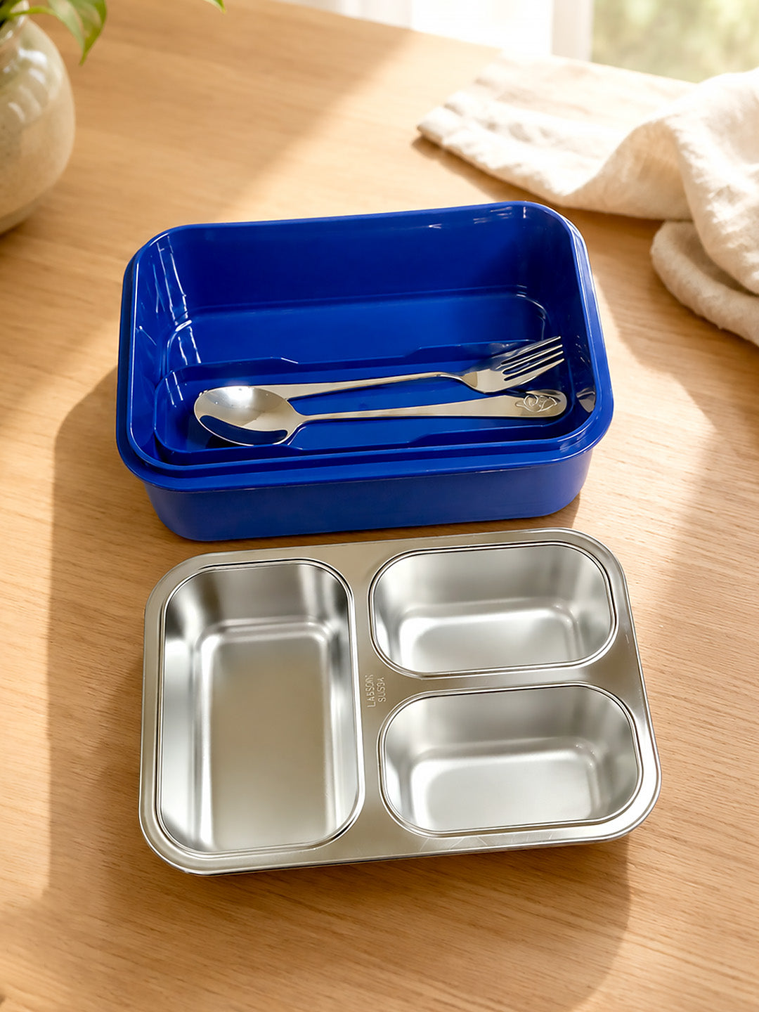 3-Compartment Kids Lunch Box | Stainless Steel Tray | Leak-Proof | Fork & Spoon Included