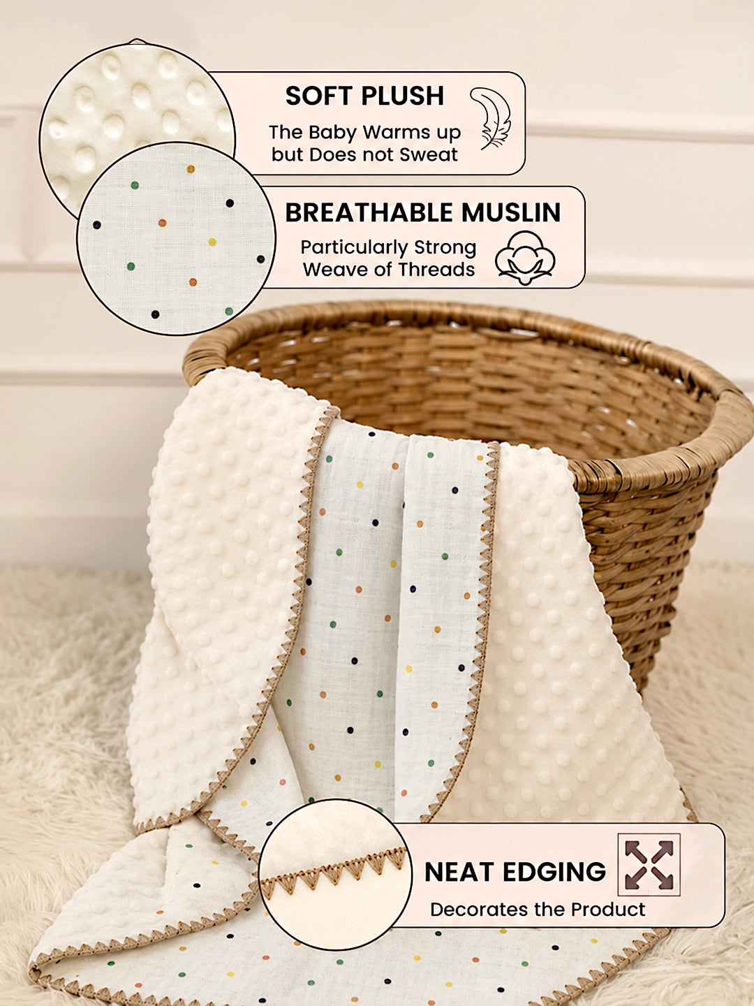 Confetti Dots Ivory Super Soft Muslin Cotton Baby Blanket | All-Season | Tan Border | 102×102 cm
