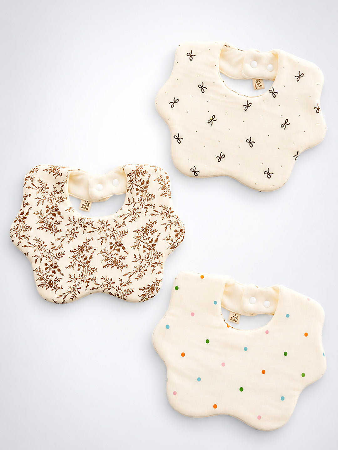Floral, Bow & Confetti Dots 3-Piece Muslin Cotton Baby Bibs | Snap Closure | Drool & Burp Bib