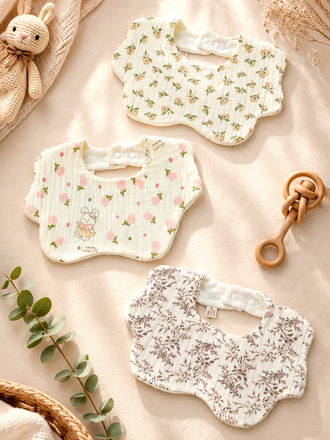 Floral Print 3-Piece Muslin Baby Bibs | Snap Closure | Drool & Burp Bib