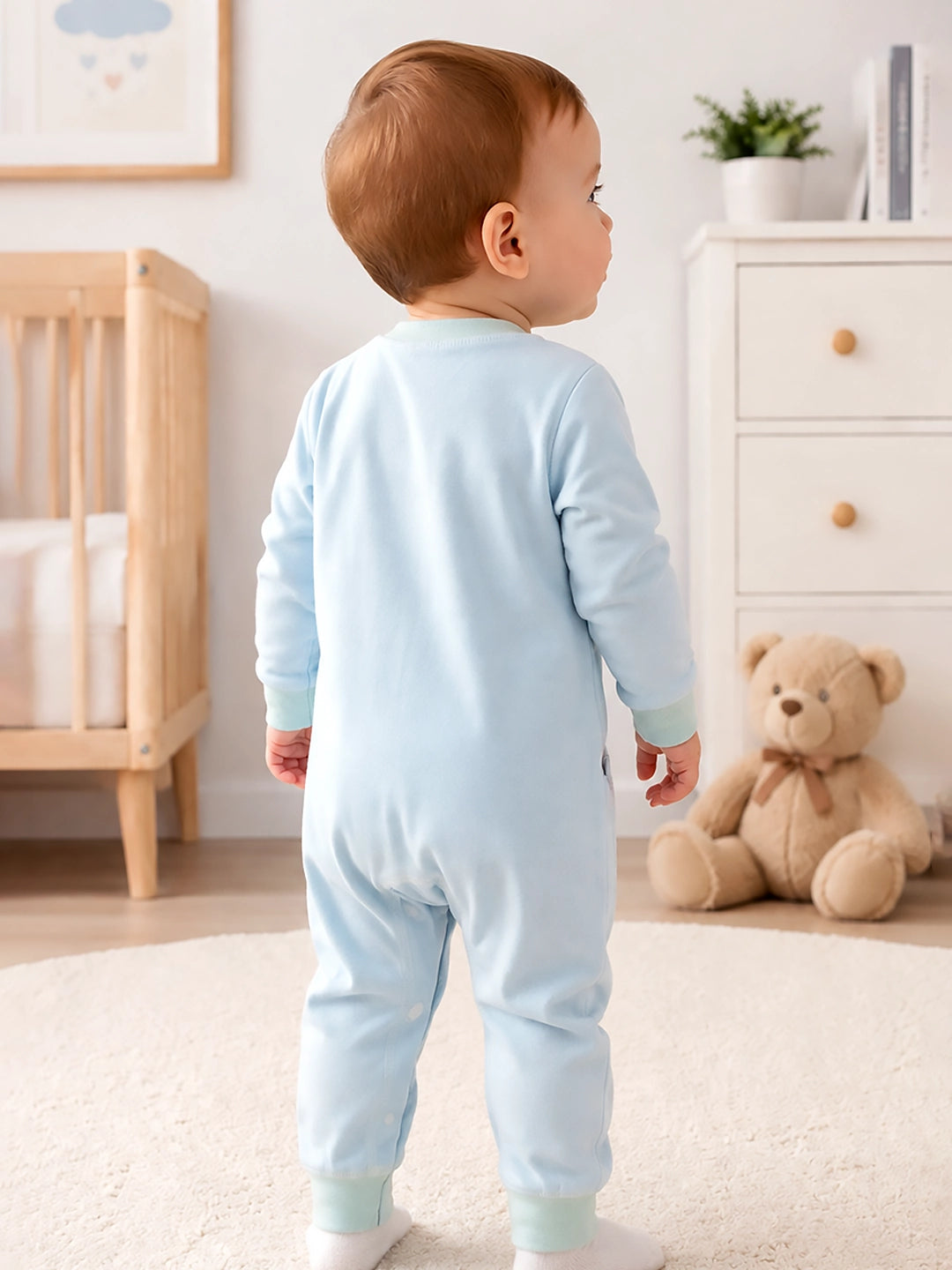 Bear Embroidery Baby Romper | Full Sleeve | Snap Button | Footless | 0–12 Months