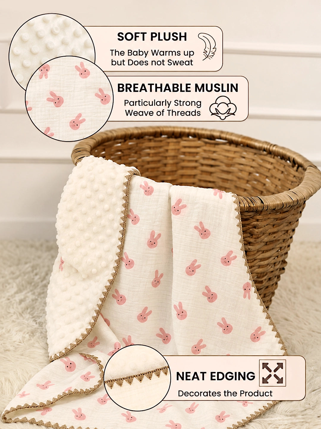 Pink Bunny Hop Super Soft Muslin Cotton Baby Blanket | All-Season | 102×102 cm