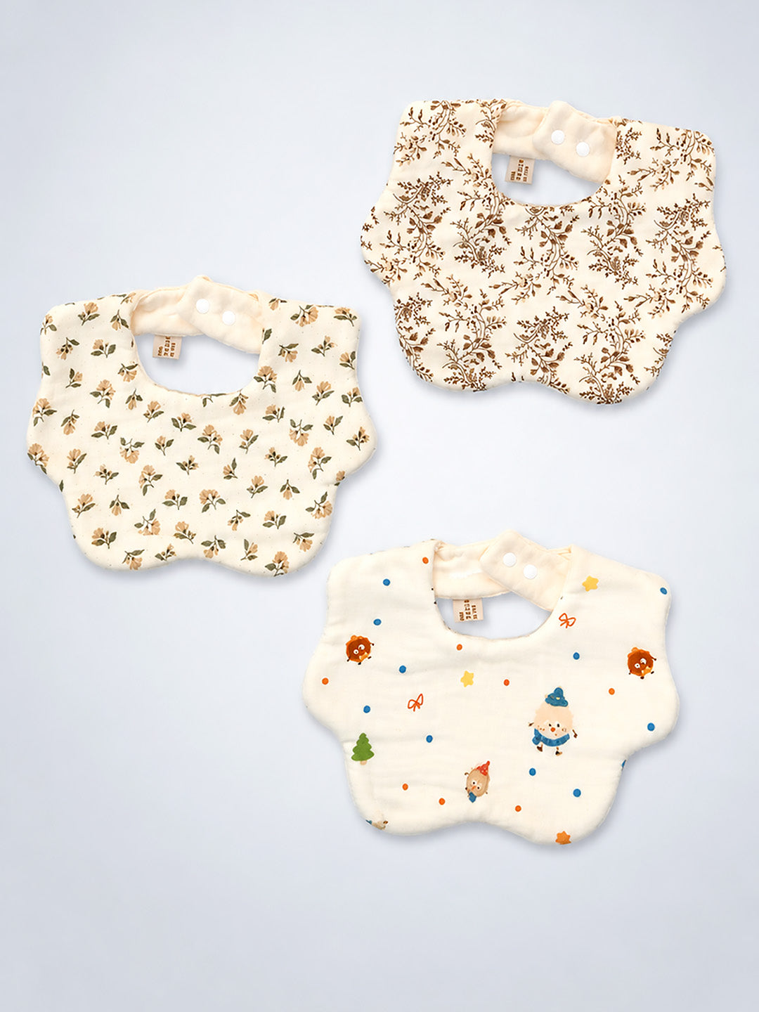 Floral & Friends Print 3-Piece Muslin Cotton Baby Bibs | Snap Closure | Drool & Burp Bib