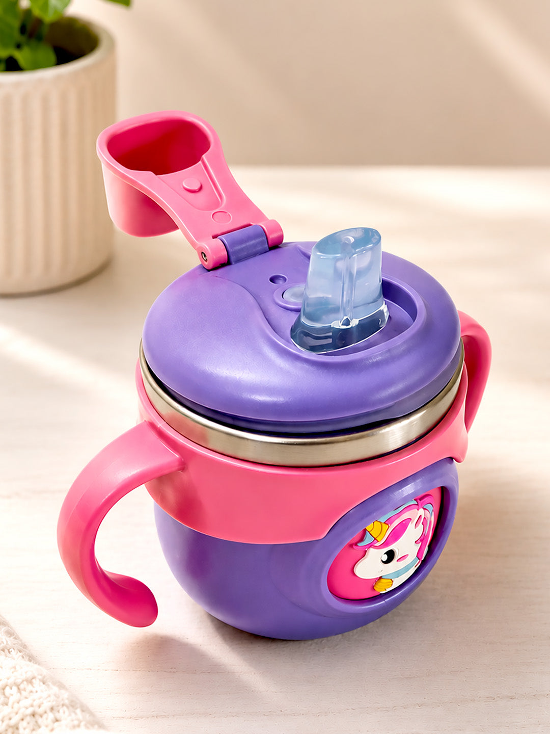 Unicorn Stainless Steel Sipper Bottle for Babies & Toddlers — 250ml | Spill-Proof Spout, Flip Straw & Dual Handles