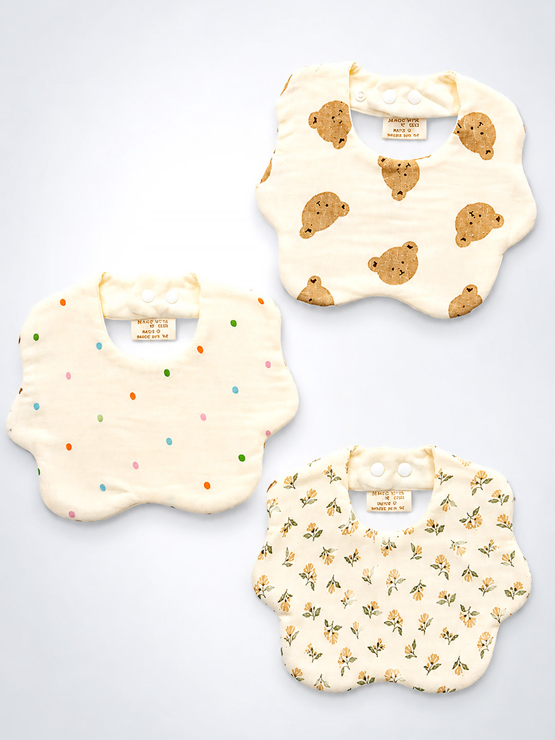 Bear, Floral & Polka Dot 3-Piece Muslin Cotton Baby Bibs | Snap Closure | Drool & Burp Bib