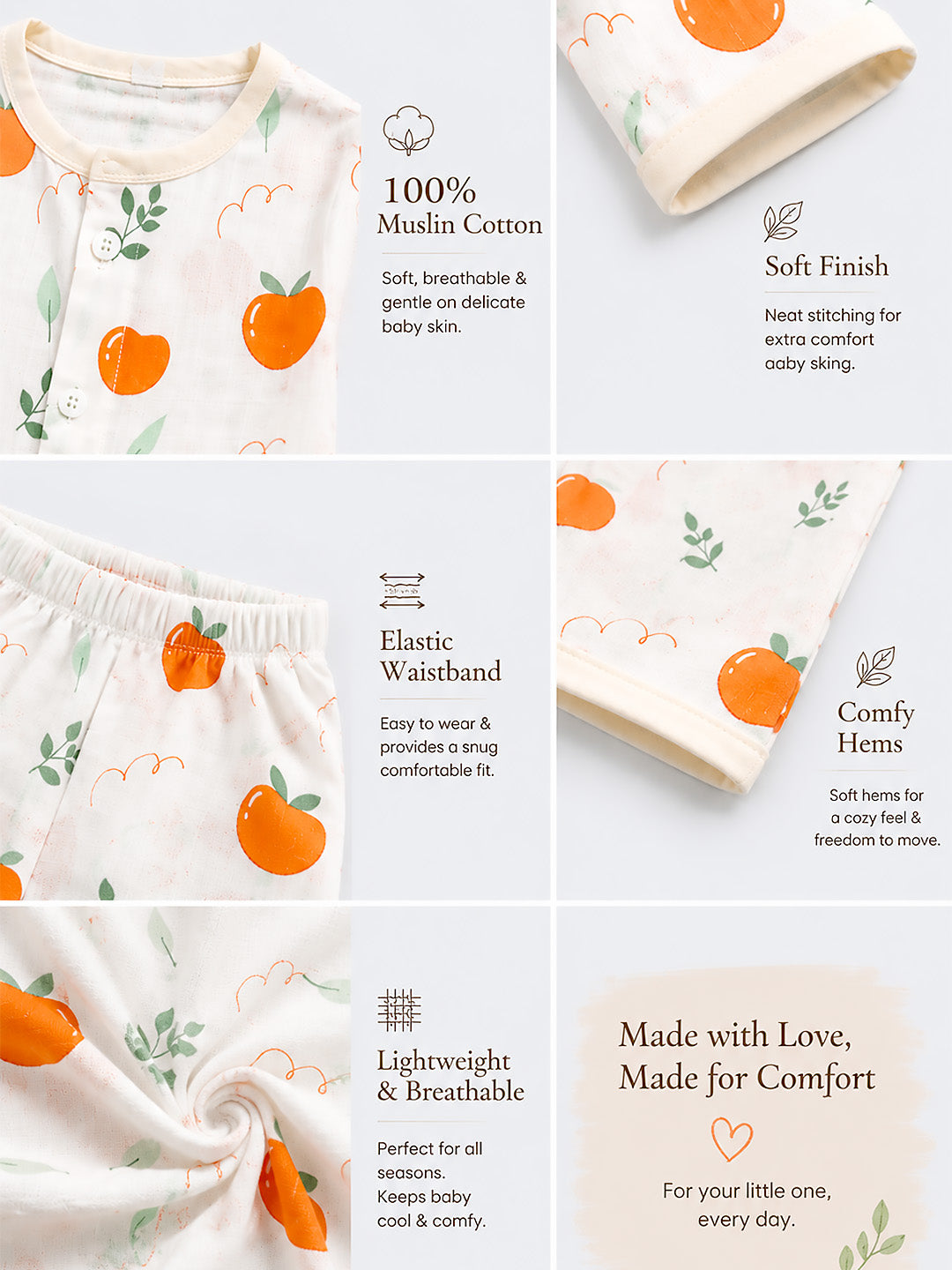 Little Oranges Baby Co-ord Set | Muslin Cotton | Full Sleeve Top & Full Pants | 0–12 Months