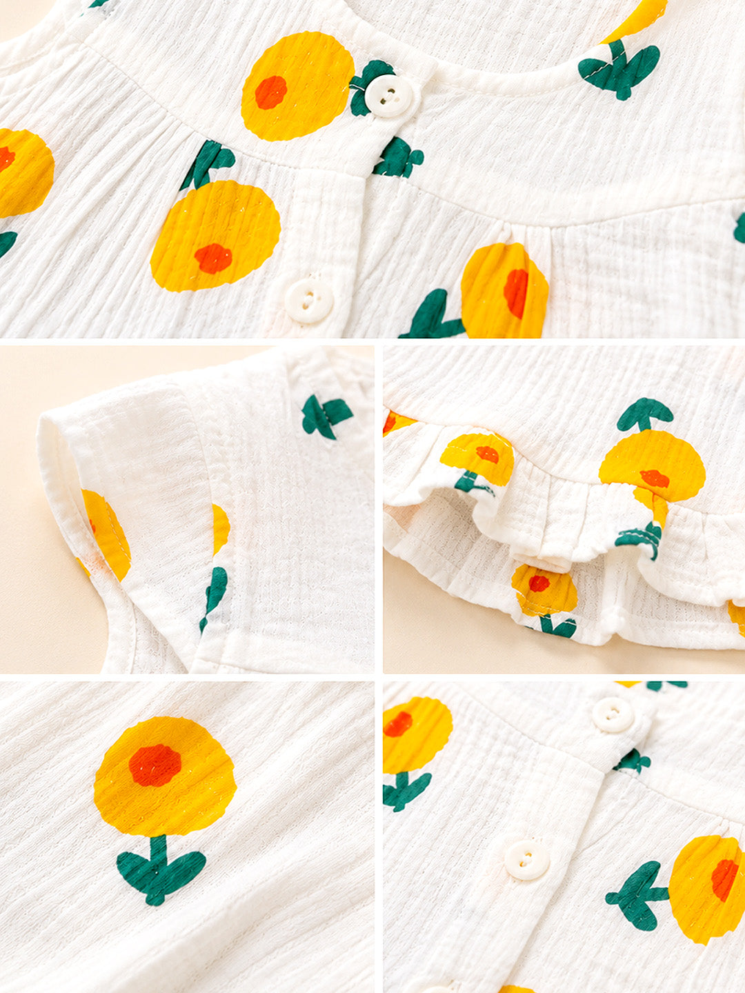Sunny Flower Baby Girl Muslin Frock | Sleeveless Flutter Sleeve Dress with Ruffle Hem | Button Front