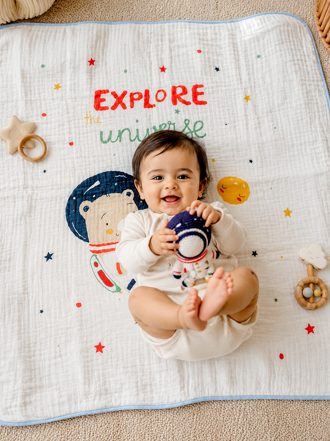 Explore the Universe Astronaut Bear 6-Layer Muslin Cotton Baby Blanket | All-Season | 102×102 cm