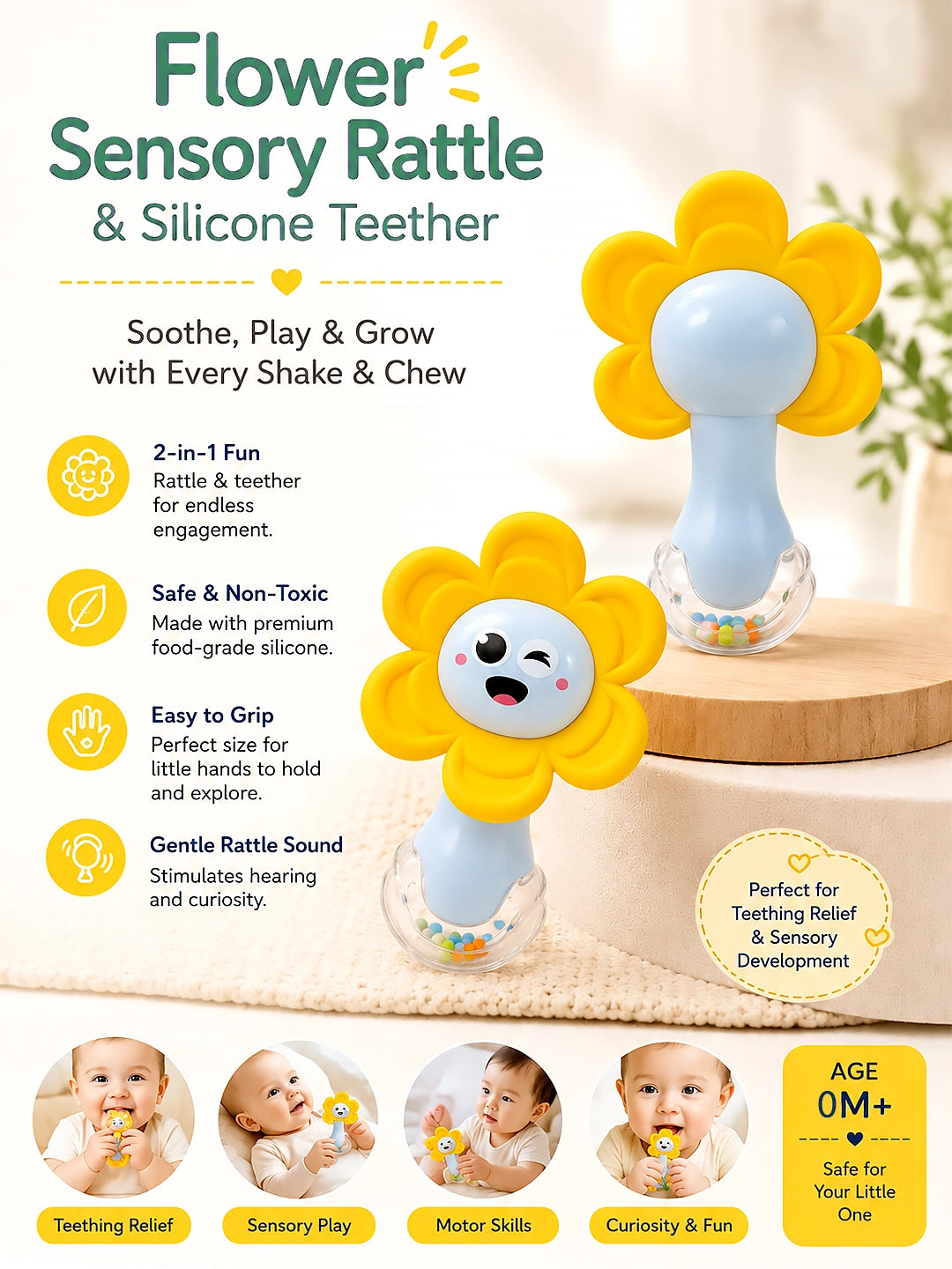 Yellow Sunflower Silicone Teether & Sensory Rattle | 2-in-1 Baby Toy | 0M+