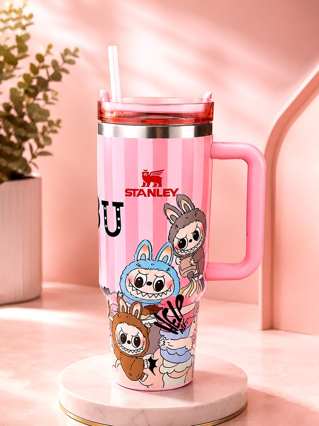 Pink Labubu Stainless Steel Kids Tumbler — 40oz / 1.18L | Straw Lid & Handle
