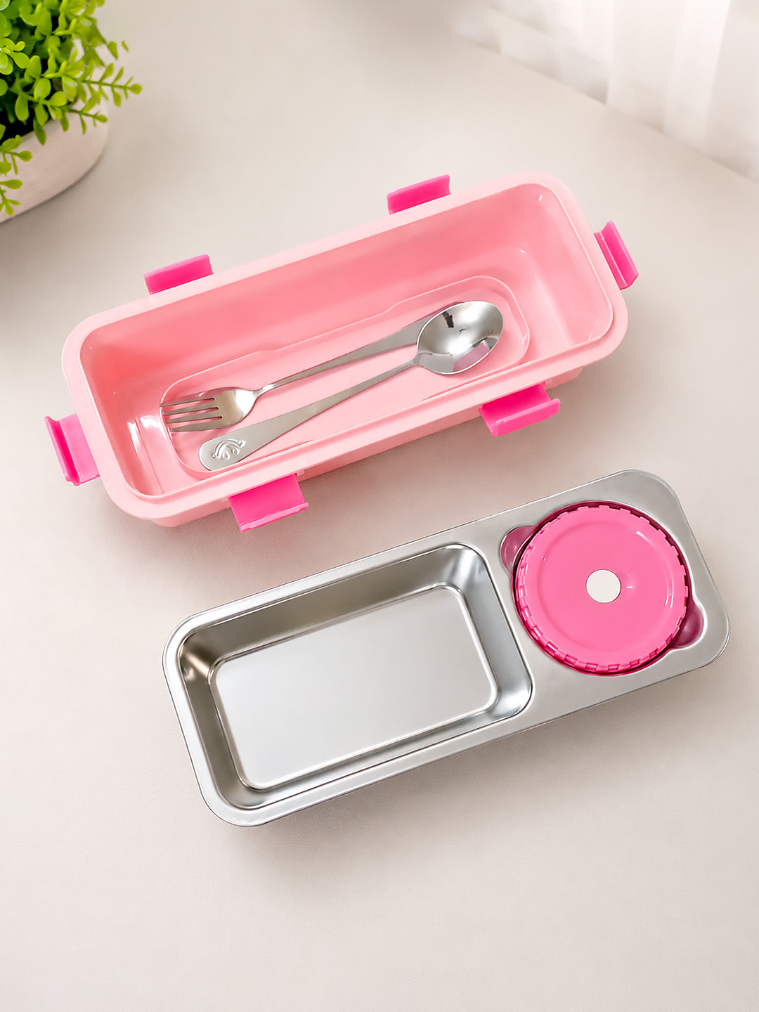 Pink 2-Compartment Stainless Steel Kids Lunch Box | Leak-Proof | Fork, Spoon & Sauce Container Included