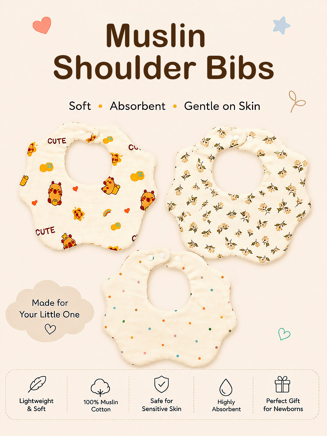 Bear, Floral & Polka Dot 3-Piece Muslin Cotton Shoulder Bibs | Snap Closure | Drool & Burp Bib