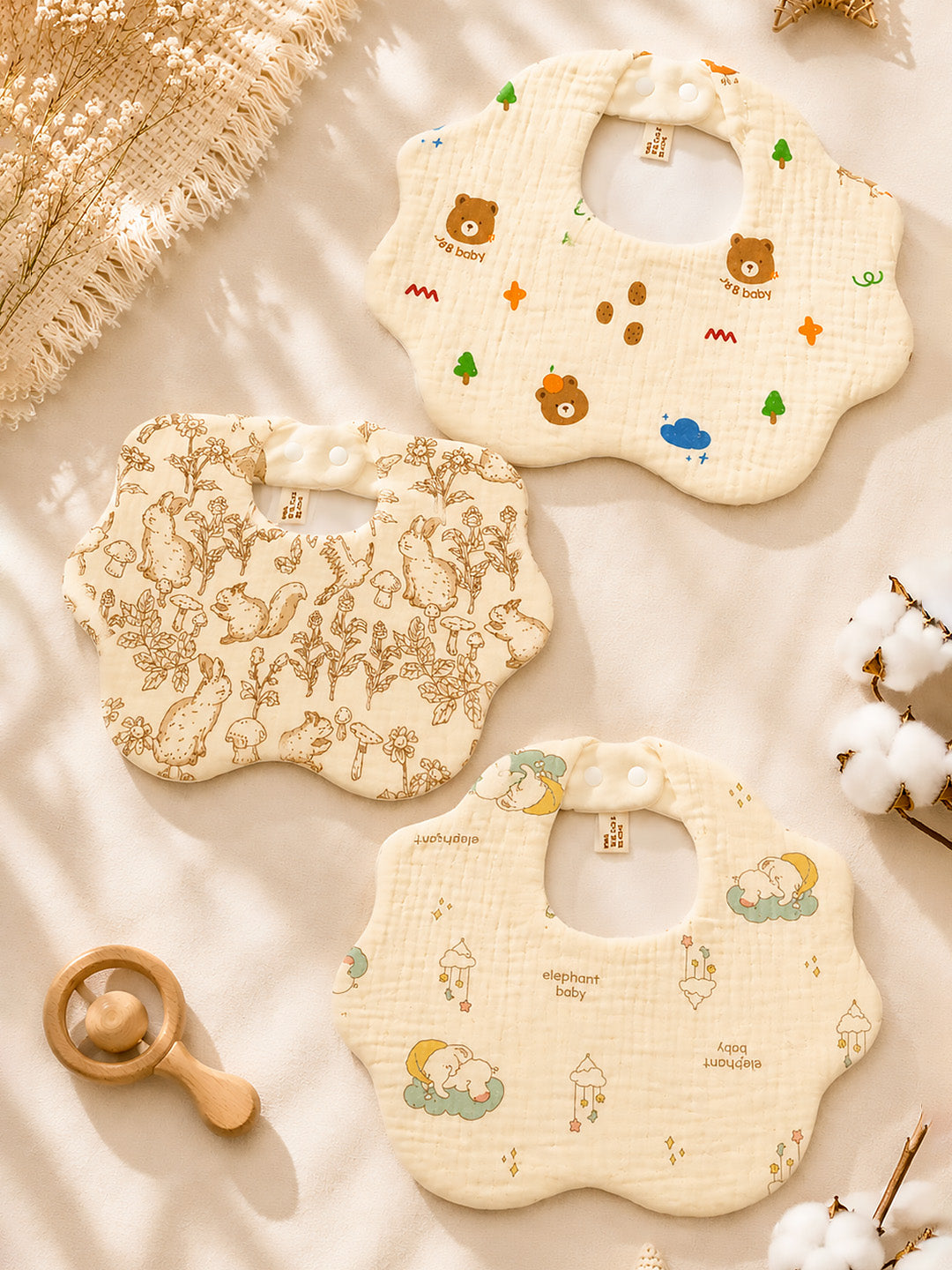 Bear, Elephant & Forest 3-Piece Muslin Baby Bibs | Snap Closure | Drool & Feeding Bib