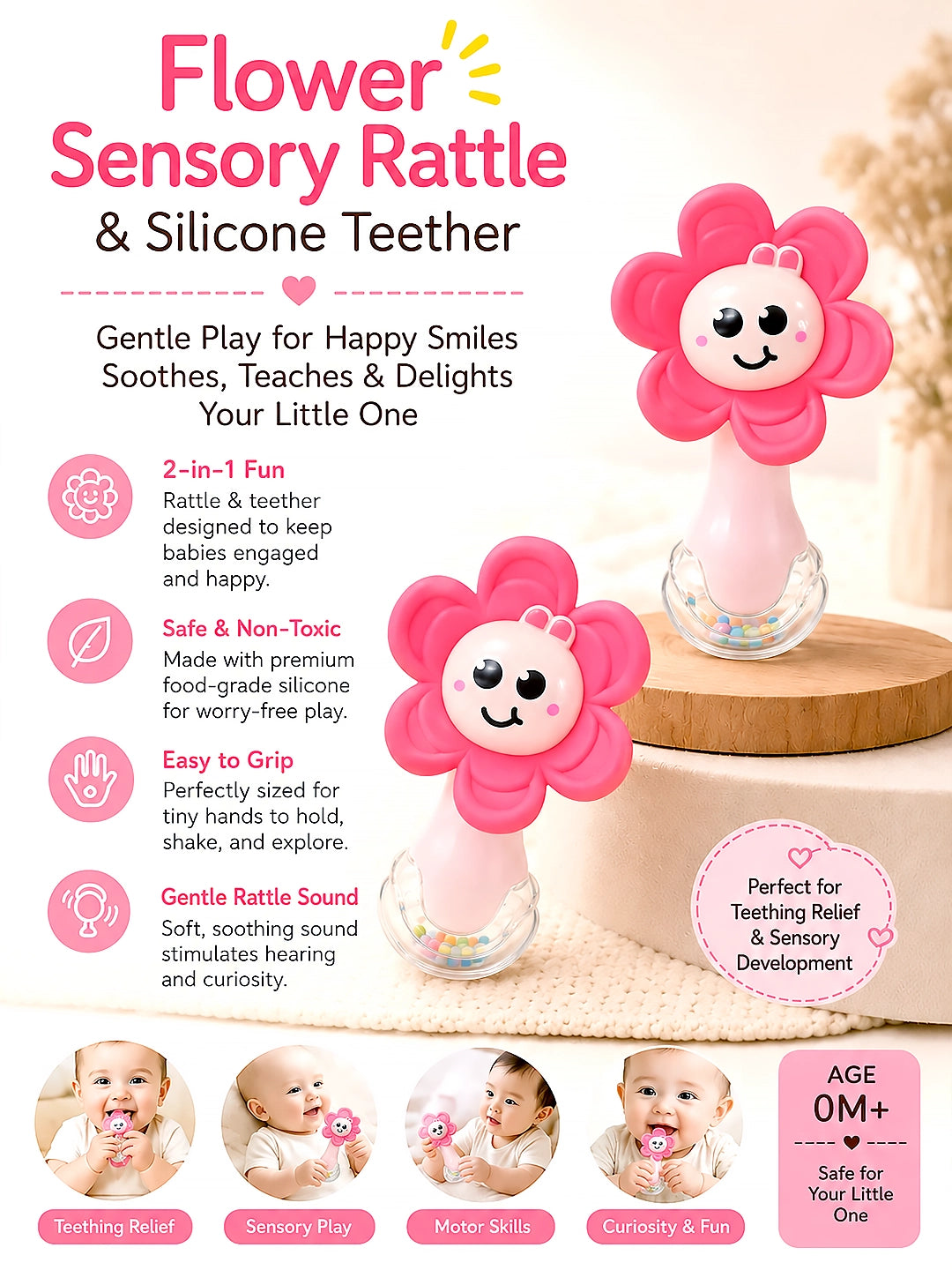Pink Flower Silicone Baby Teether with Rattle | 2-in-1 Sensory Rattle Teether | 0M+