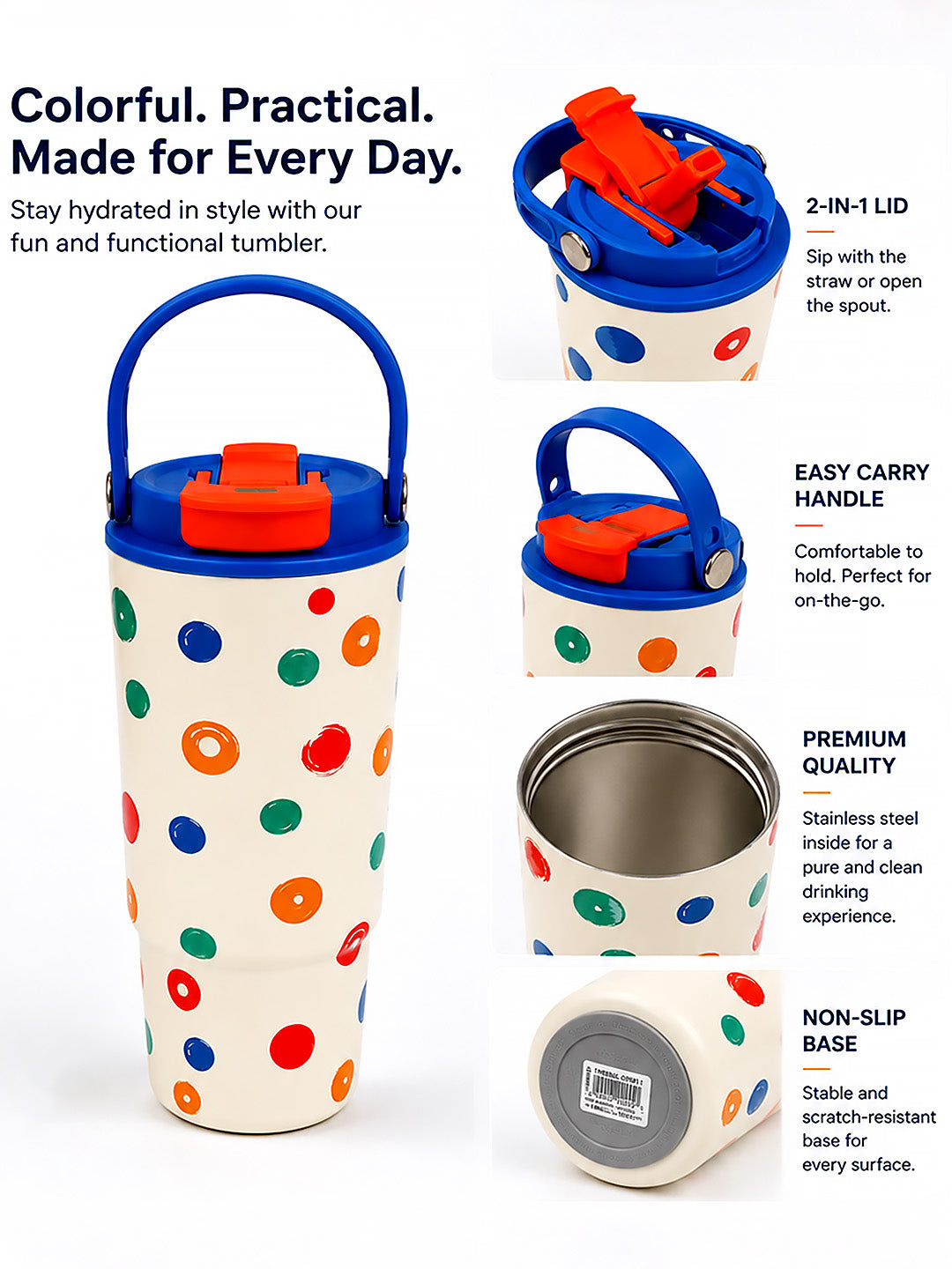 Colourful Polka Dot Stainless Steel Kids Tumbler | 2-in-1 Lid, Straw & Carry Handle