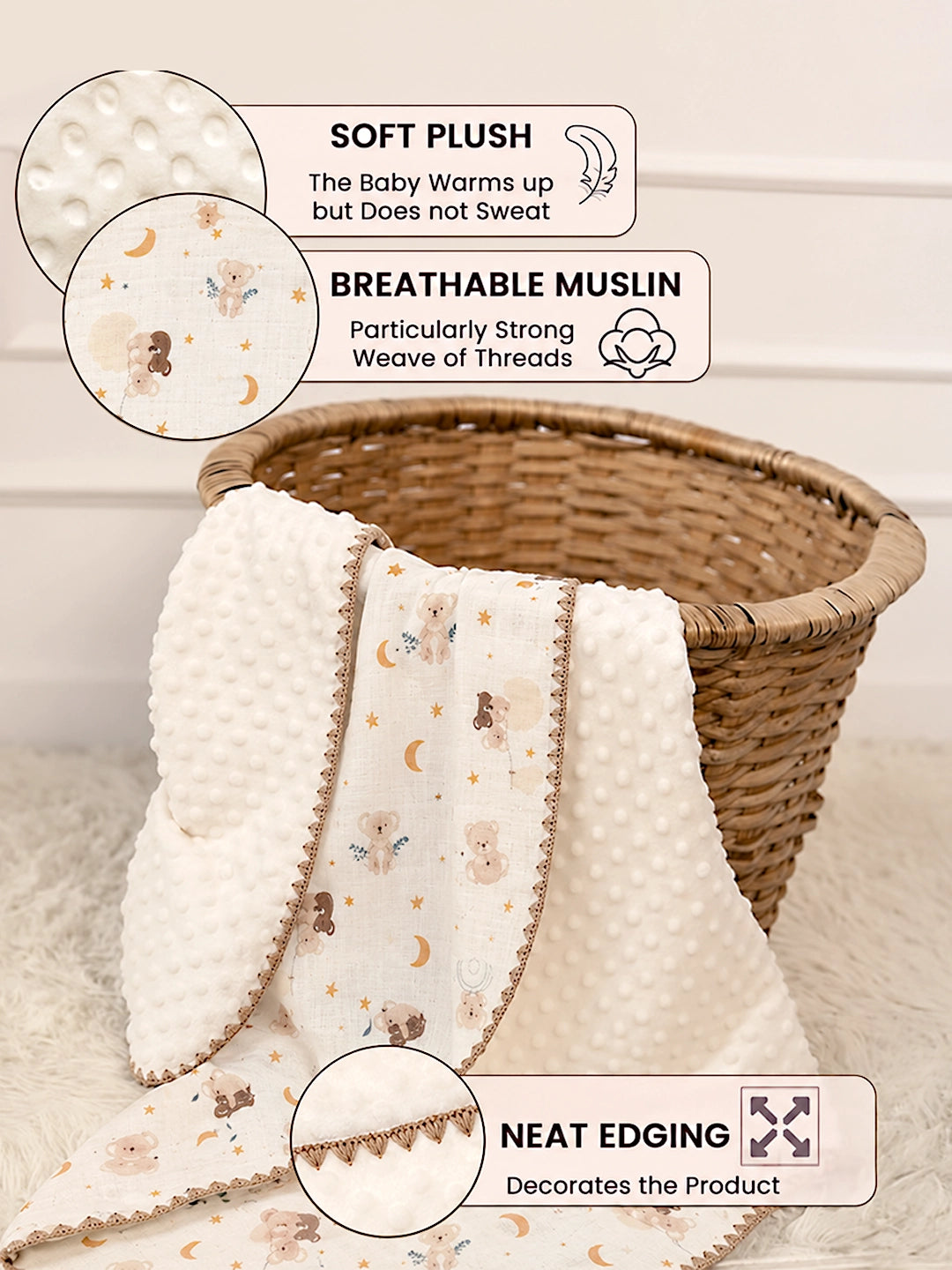 Dreamy Koala & Stars Super Soft Muslin Cotton Baby Blanket | All-Season | Ivory & Gold | 102×102 cm