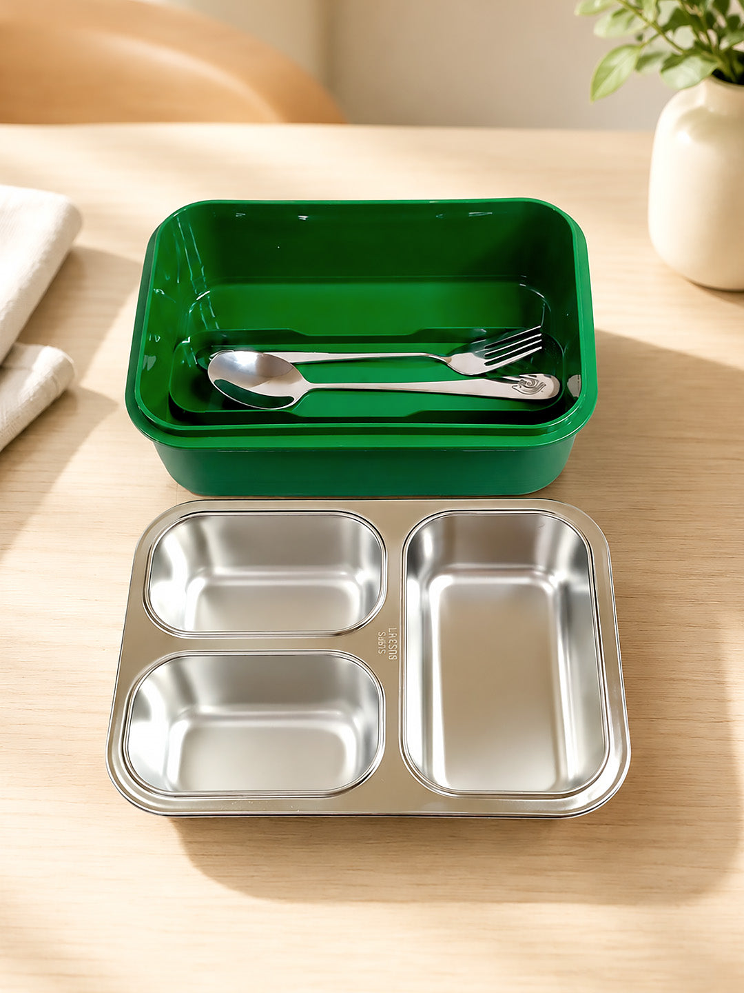 3-Compartment Kids Lunch Box | Stainless Steel Tray | Leak-Proof | Spoon & Fork Included