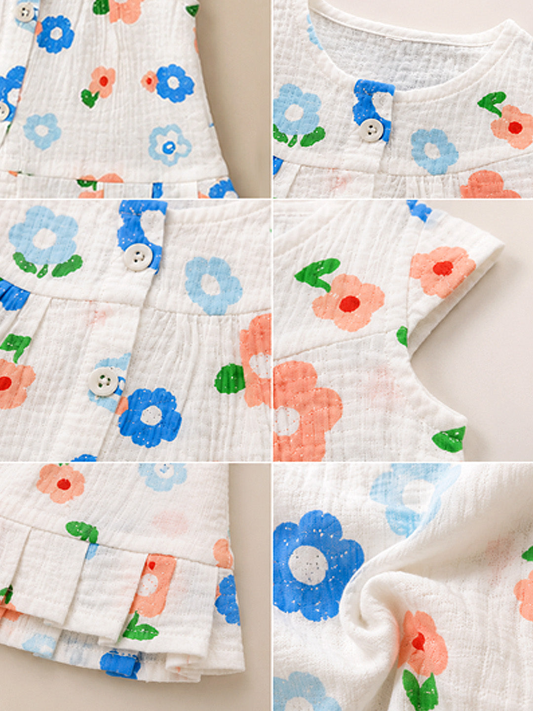 Blue Flower Baby Girl Muslin Frock | Sleeveless Button-Front Dress with Ruffle Hem