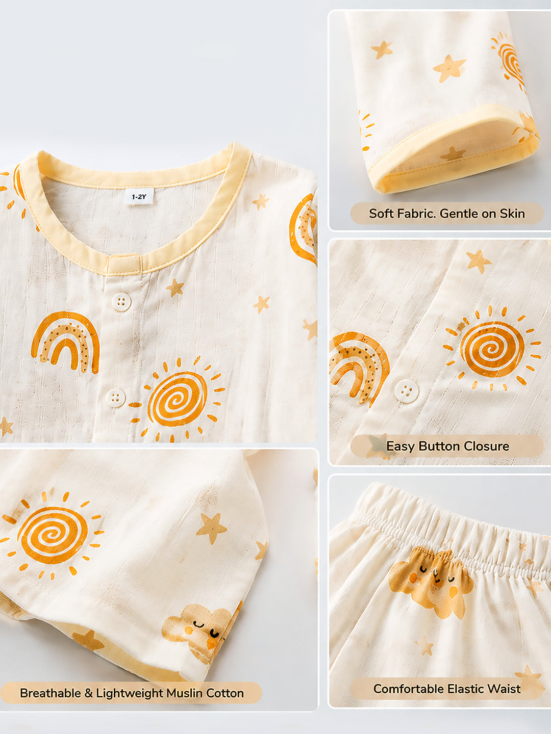 Sunshine & Rainbow Baby Pyjama Set | Muslin Cotton | Full Sleeve Top & Full Pants | 1 Yrs