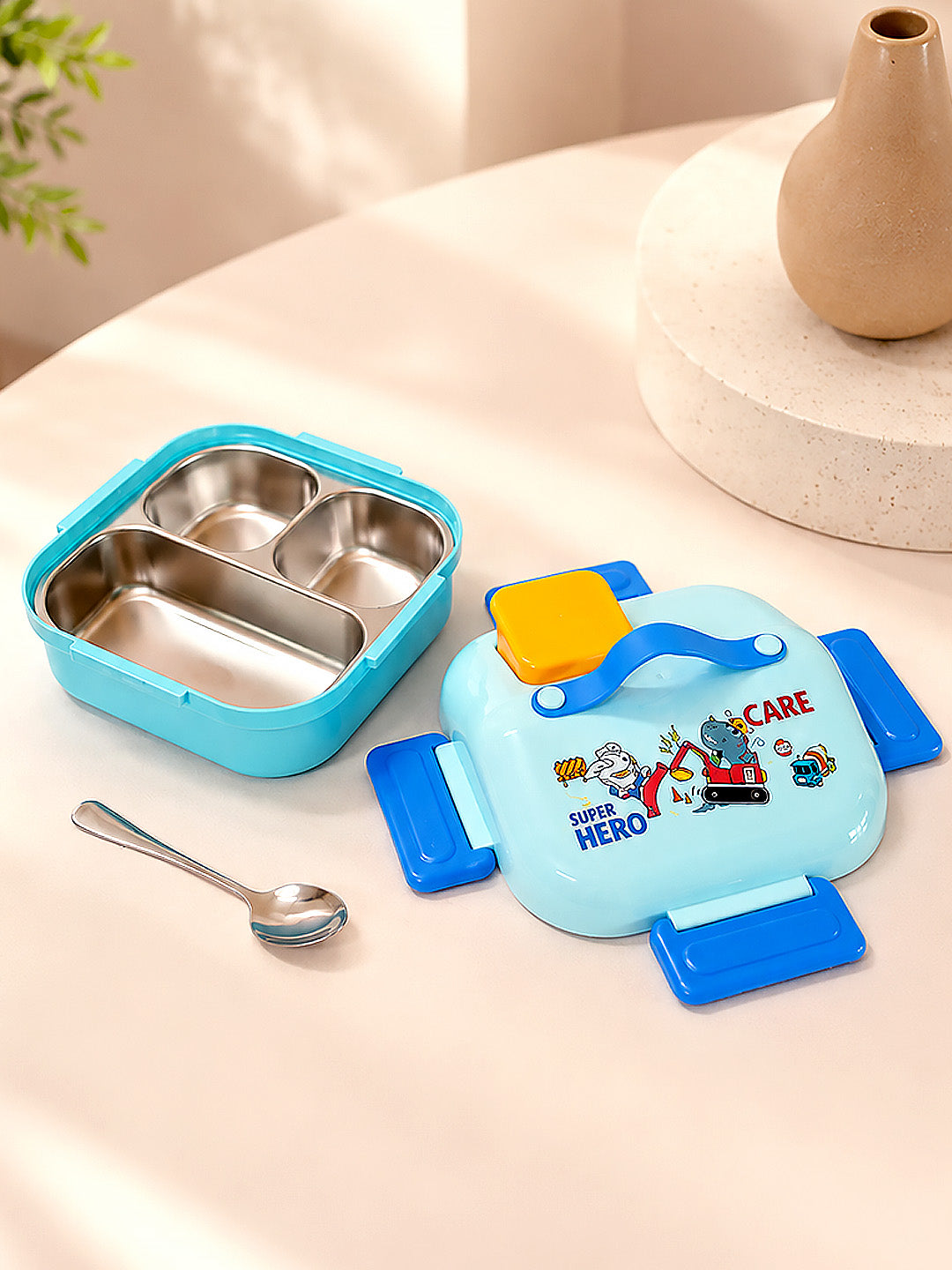 Super Hero 2-Tier Kids Lunch Box | Stainless Steel | Leak-Proof | Sauce Box & Spoon Included