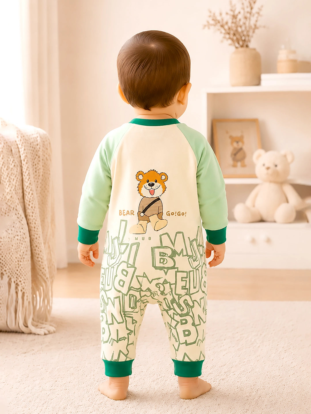 Green Bear Baby Romper | Full Sleeve | Snap Button | Footless | Premium Cotton | 0–12 Months
