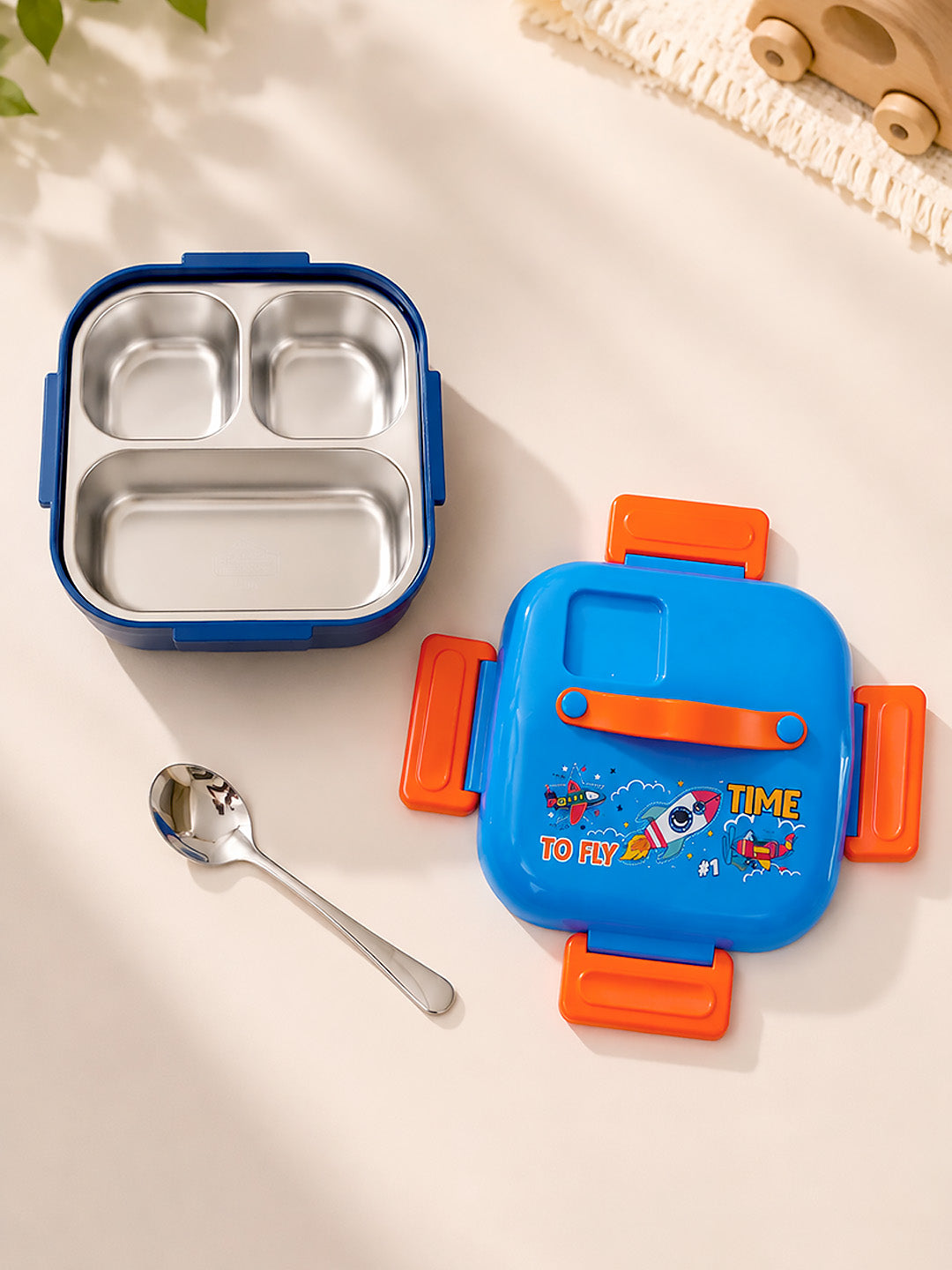 Rocket "To Fly Time" 2-Tier Kids Lunch Box | Stainless Steel | Leak-Proof | Spoon & Sauce Box Included