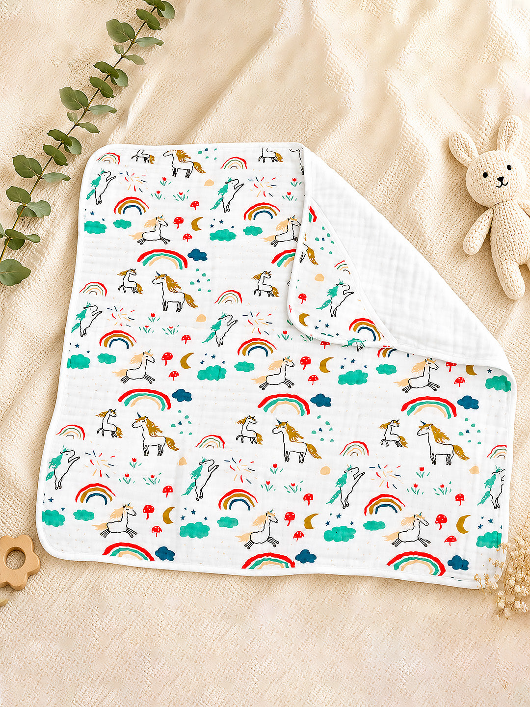 Unicorn Rainbow Hooded Swaddle Blanket | 6-Layer Muslin Cotton | Newborn & Baby