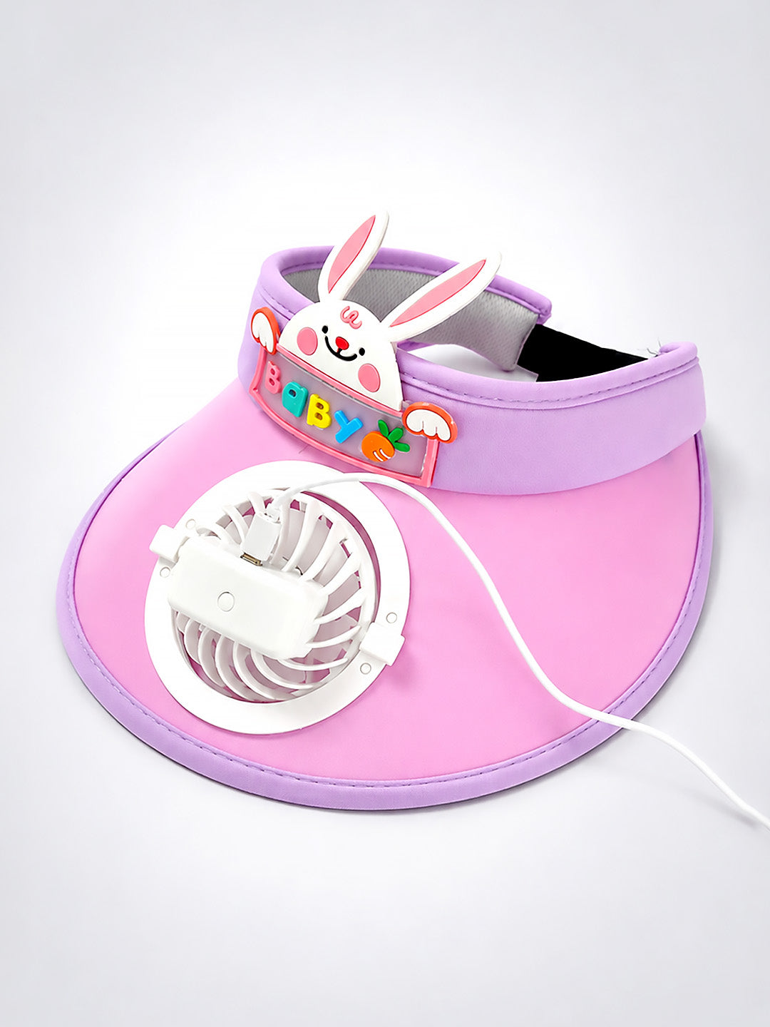Pink Purple 3D Bunny Kids Sun Visor Cap with Built-In Fan | Adjustable | Girls 2–6 Years