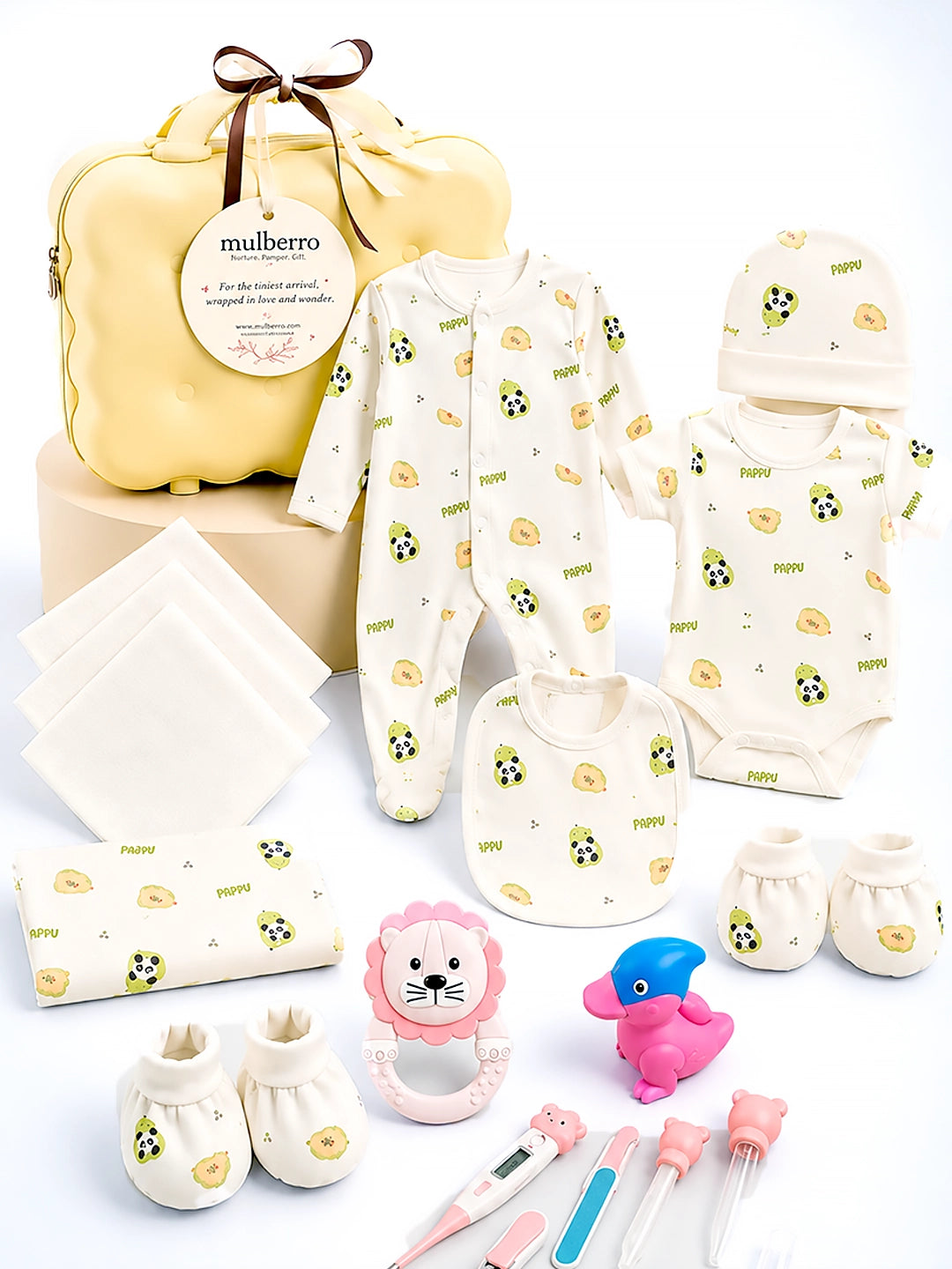 Newborn | Welcome Baby | 23-Piece Pure Cotton | Panda Papay | Yellow Suitcase | 0–3 Months