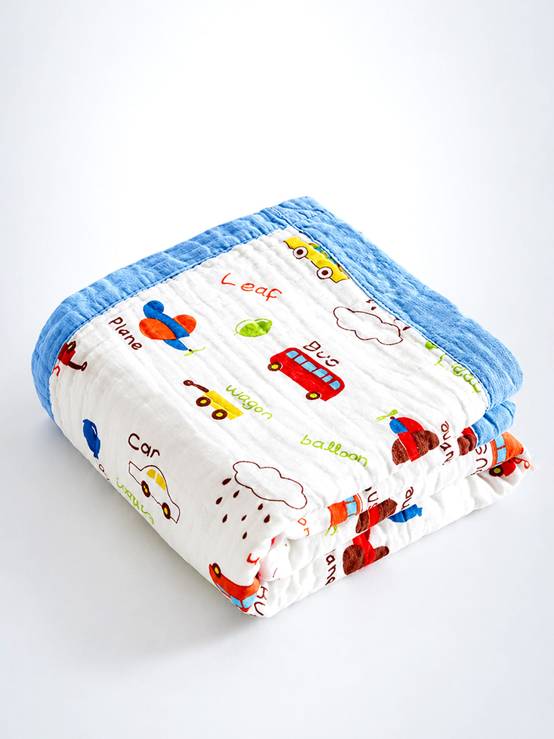 Little Vehicles 6-Layer Muslin Cotton Baby Blanket | All-Season | Blue Border | 110×110 cm