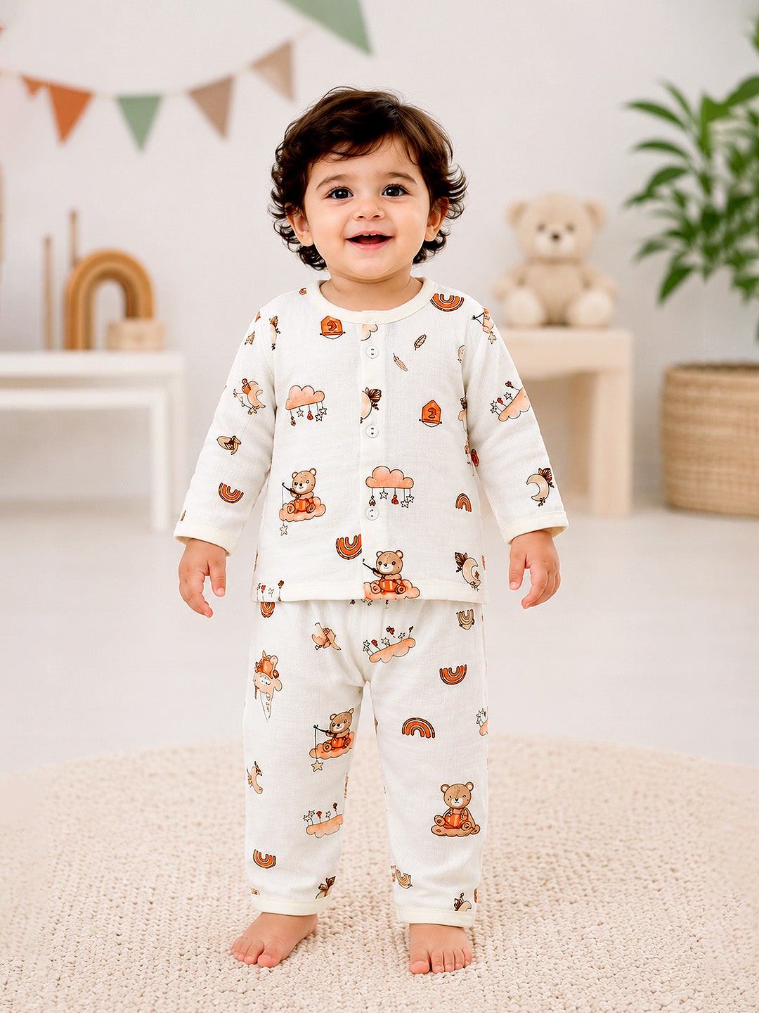 Rainbow Bear Baby Co-ord Set | 100% Muslin Cotton | Full Sleeve Top & Full Pants | 0–12 Months