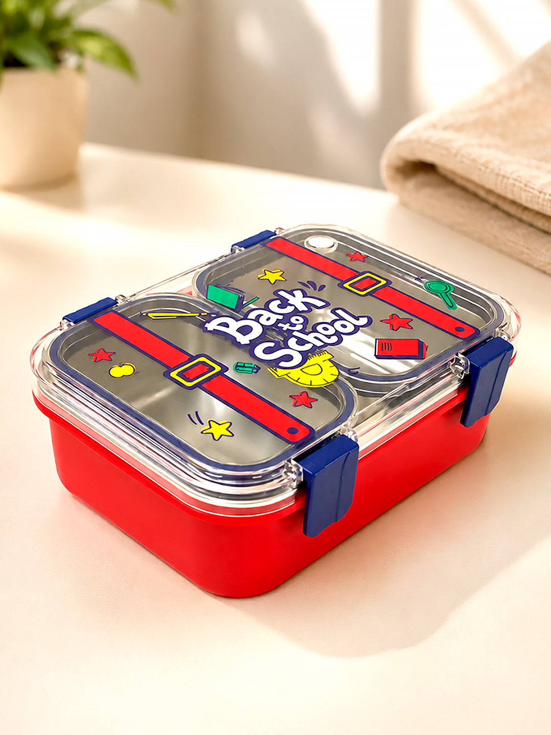 Back to School 2-Compartment Kids Steel Tiffin Lunch Box | Leak-Proof | Fork & Spoon Included