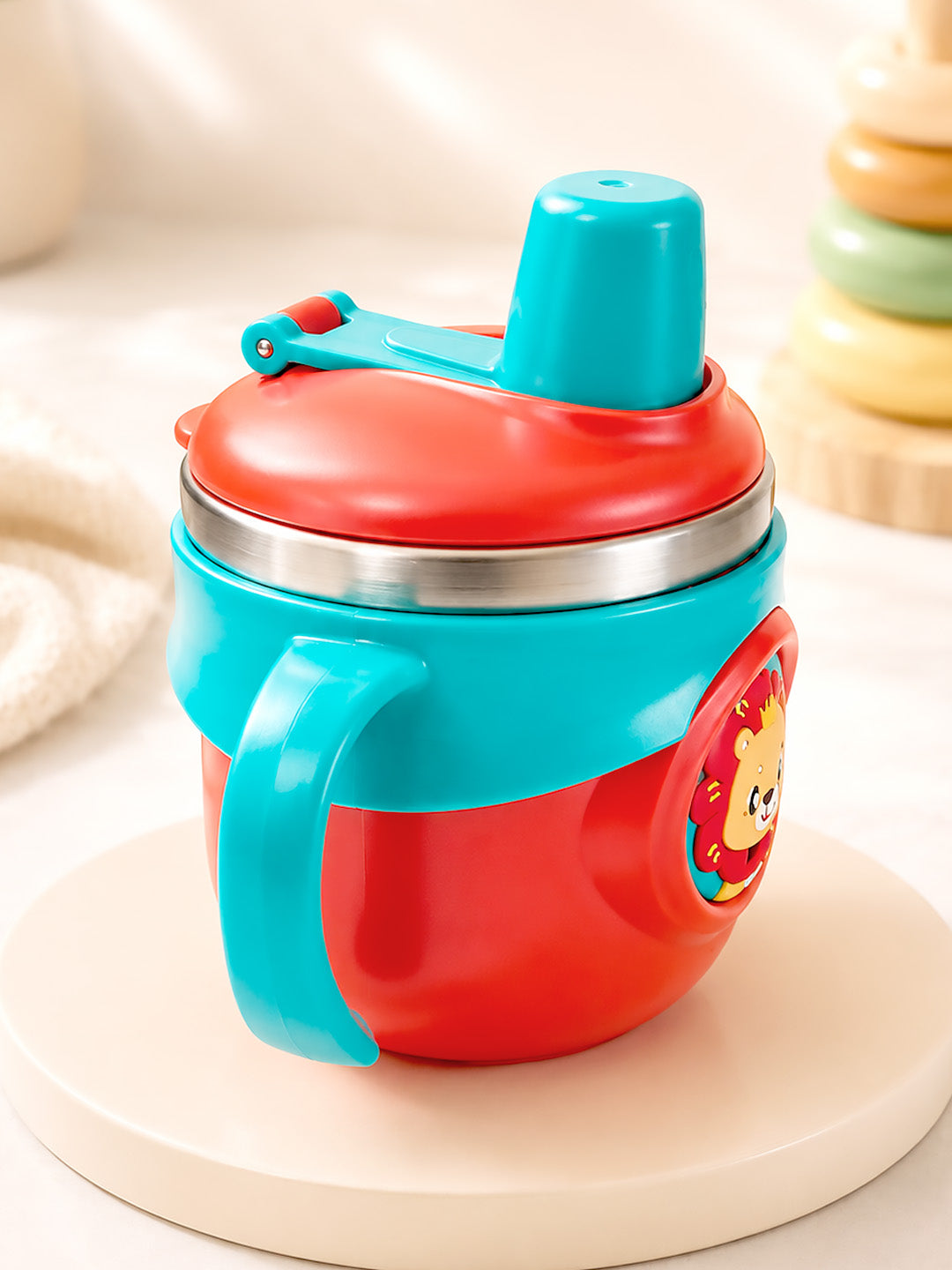 Lion King Stainless Steel Sipper Bottle for Babies & Toddlers — 250ml | Spill-Proof Spout & Flip-Top Straw with Dual Handles