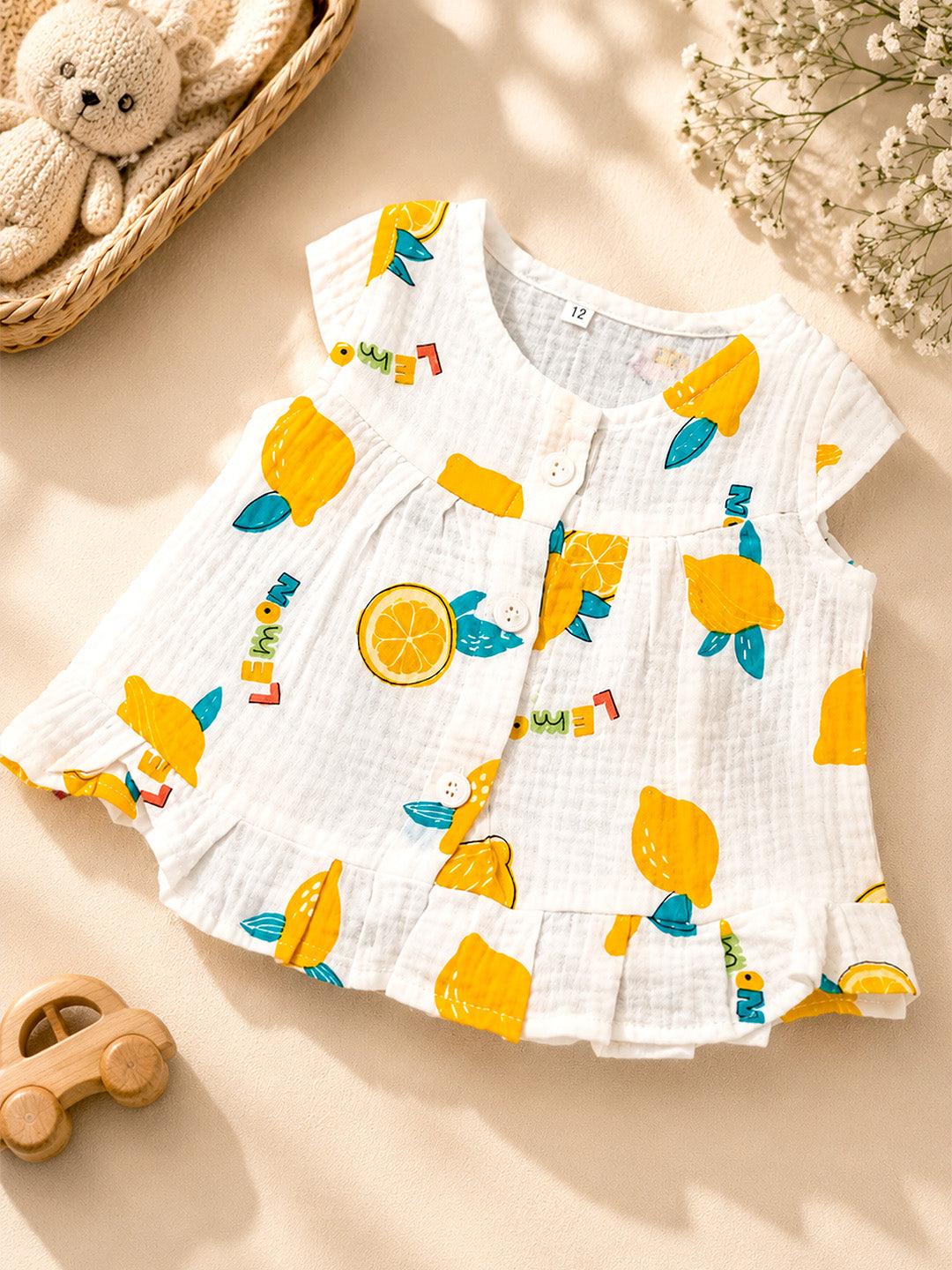 Lemon Print Baby Girl Muslin Frock | Sleeveless Flutter Sleeve Dress | Button Placket & Ruffle Hem