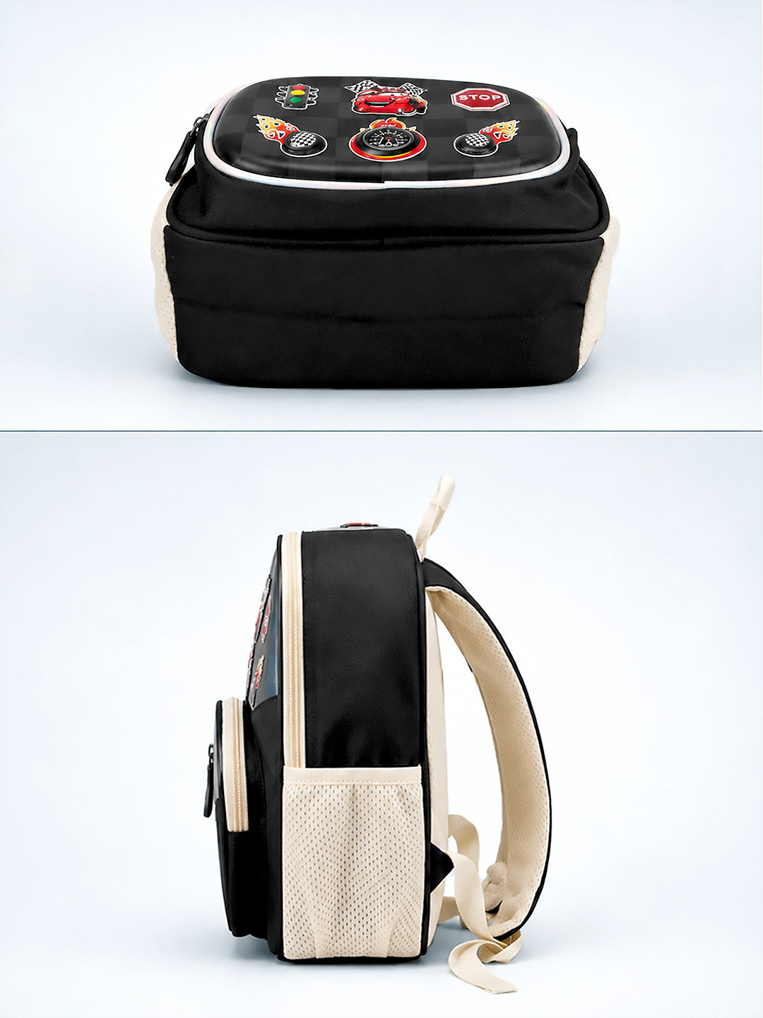 Racing Car Kids Backpack with 3D Front Pocket & Padded Handle – Black & Grey