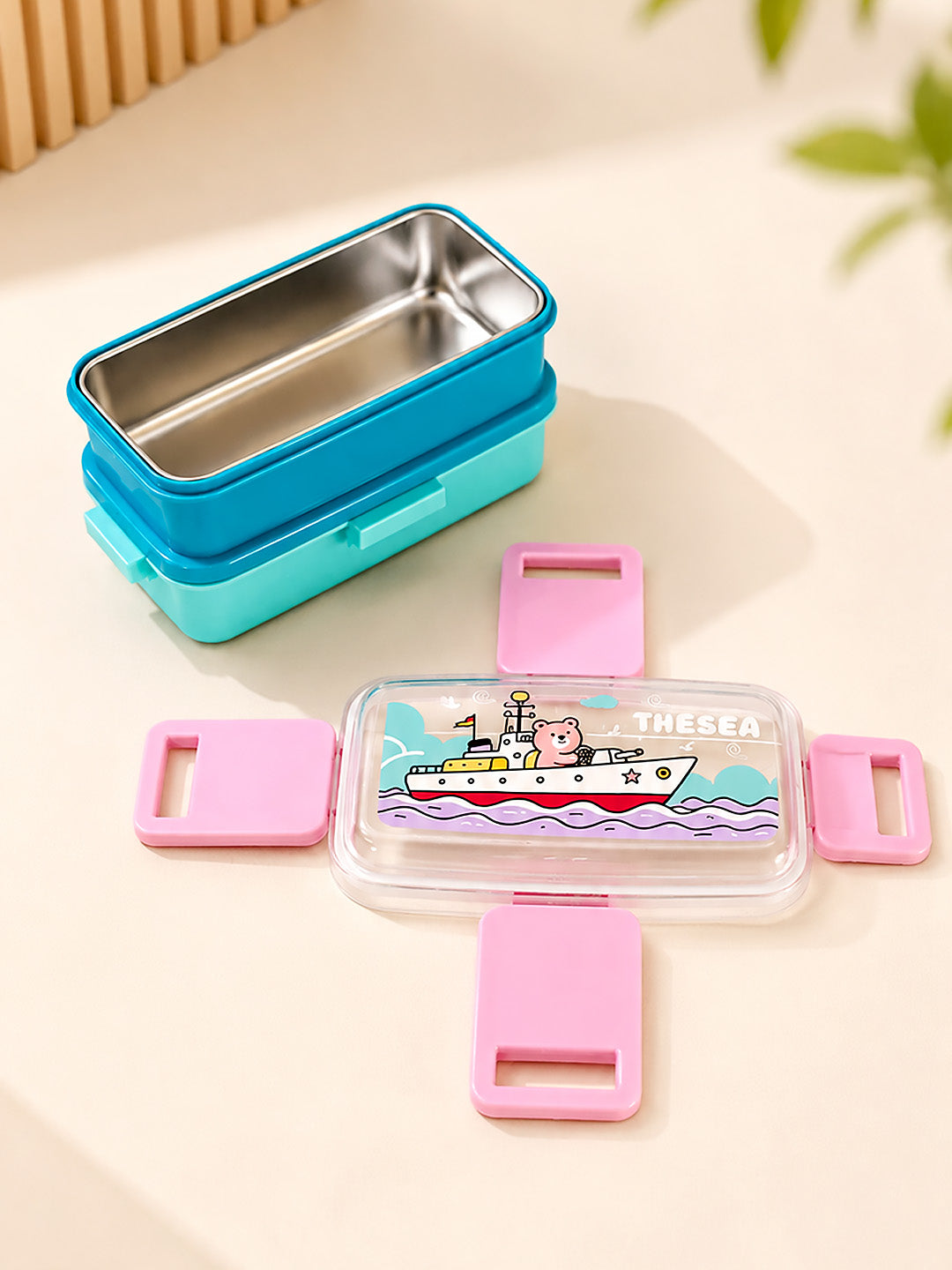 Sea Adventure Bear 2-Tier Kids Lunch Box | Stainless Steel | Leak-Proof | Spork & Sauce Box Included