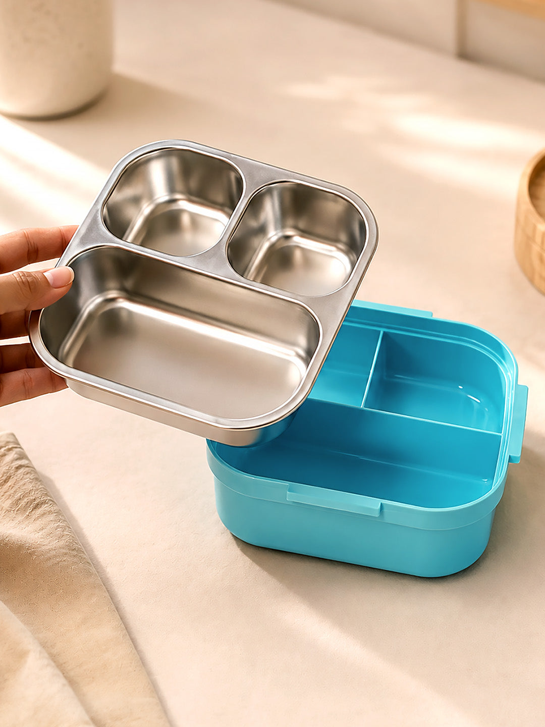 Super Hero 2-Tier Kids Lunch Box | Stainless Steel | Leak-Proof | Sauce Box & Spoon Included