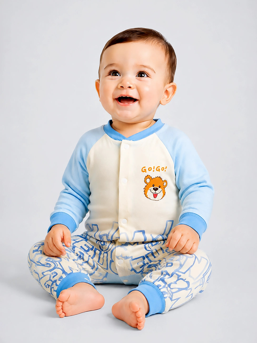 Blue Bear Baby Romper | Full Sleeve | Snap Button | Footless | Premium Cotton | 0–12 Months