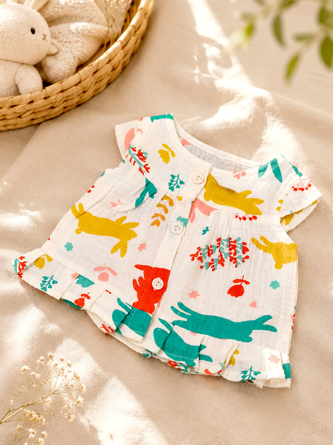 Bunny Animal Print Baby Girl Muslin Frock | Cap Sleeve | Ruffle Hem | 0–6 Months