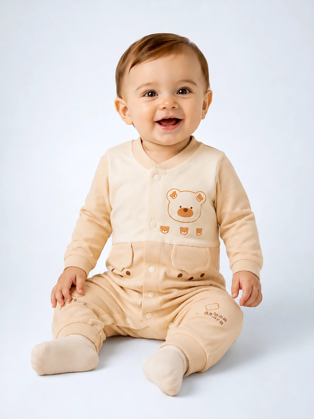Bear Print Baby Romper | Full Sleeve | Snap Button | Footless | 0–12 Months