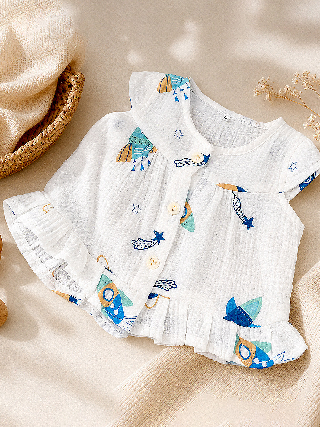Space Rocket Baby Girl Muslin Frock | Flutter Sleeve | Ruffle Hem | 0–6 Months