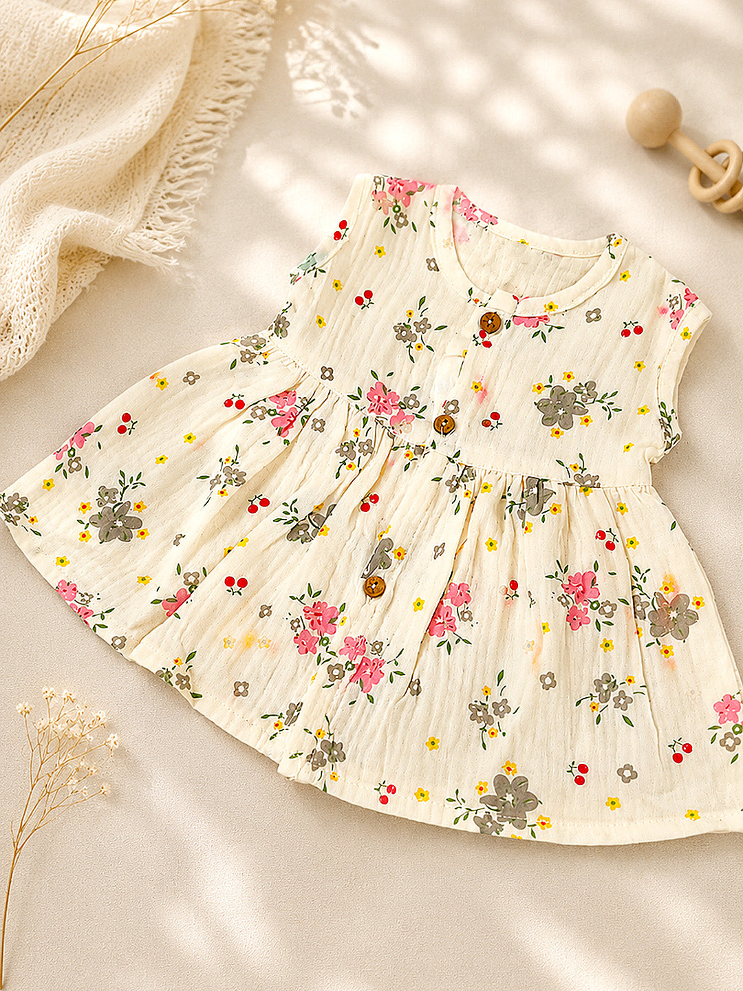 Floral Ditsy Baby Girls Muslin Frock | Sleeveless A-Line Dress | Wooden Buttons | 0–12 Months