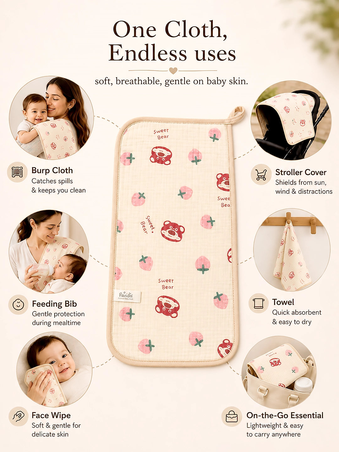 Sweet Bear & Friends Muslin Burp Cloth | Set of 2 | 100% Muslin Cotton |