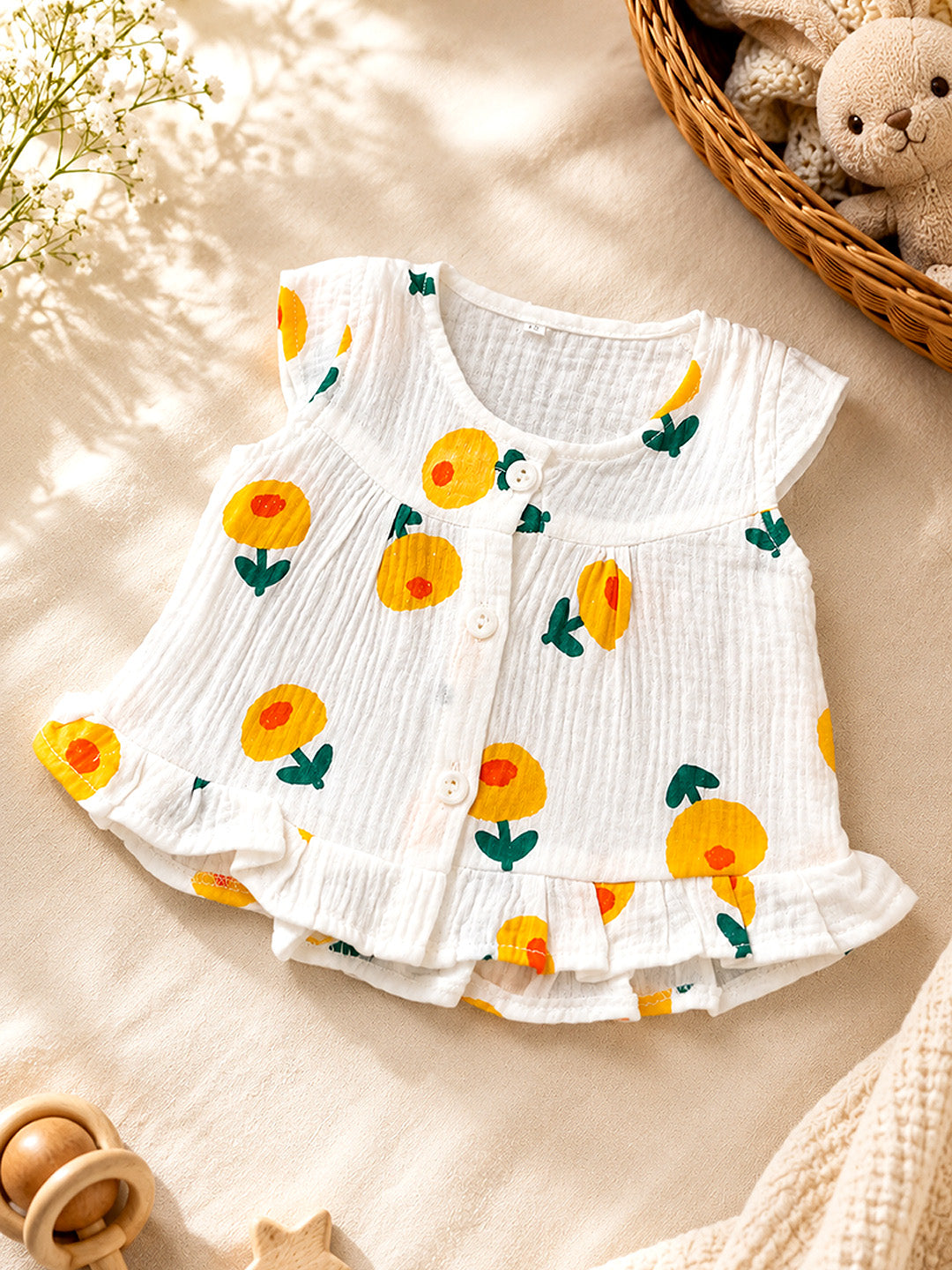 Sunny Flower Baby Girl Muslin Frock | Sleeveless Flutter Sleeve Dress with Ruffle Hem | Button Front