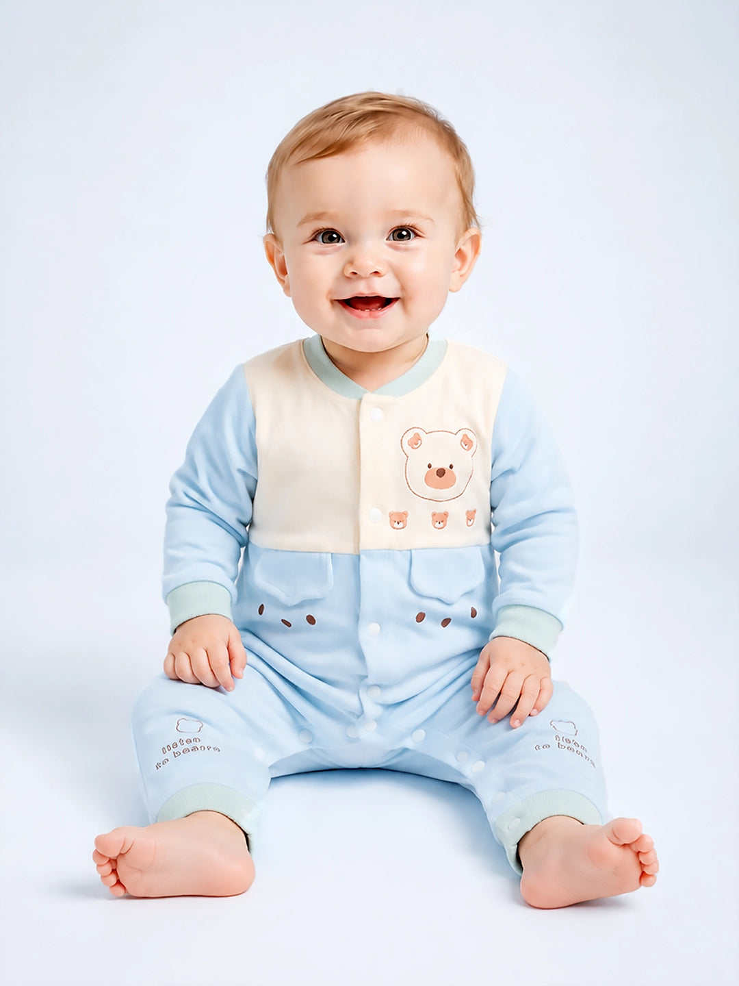 Bear Embroidery Baby Romper | Full Sleeve | Snap Button | Footless | 0–12 Months