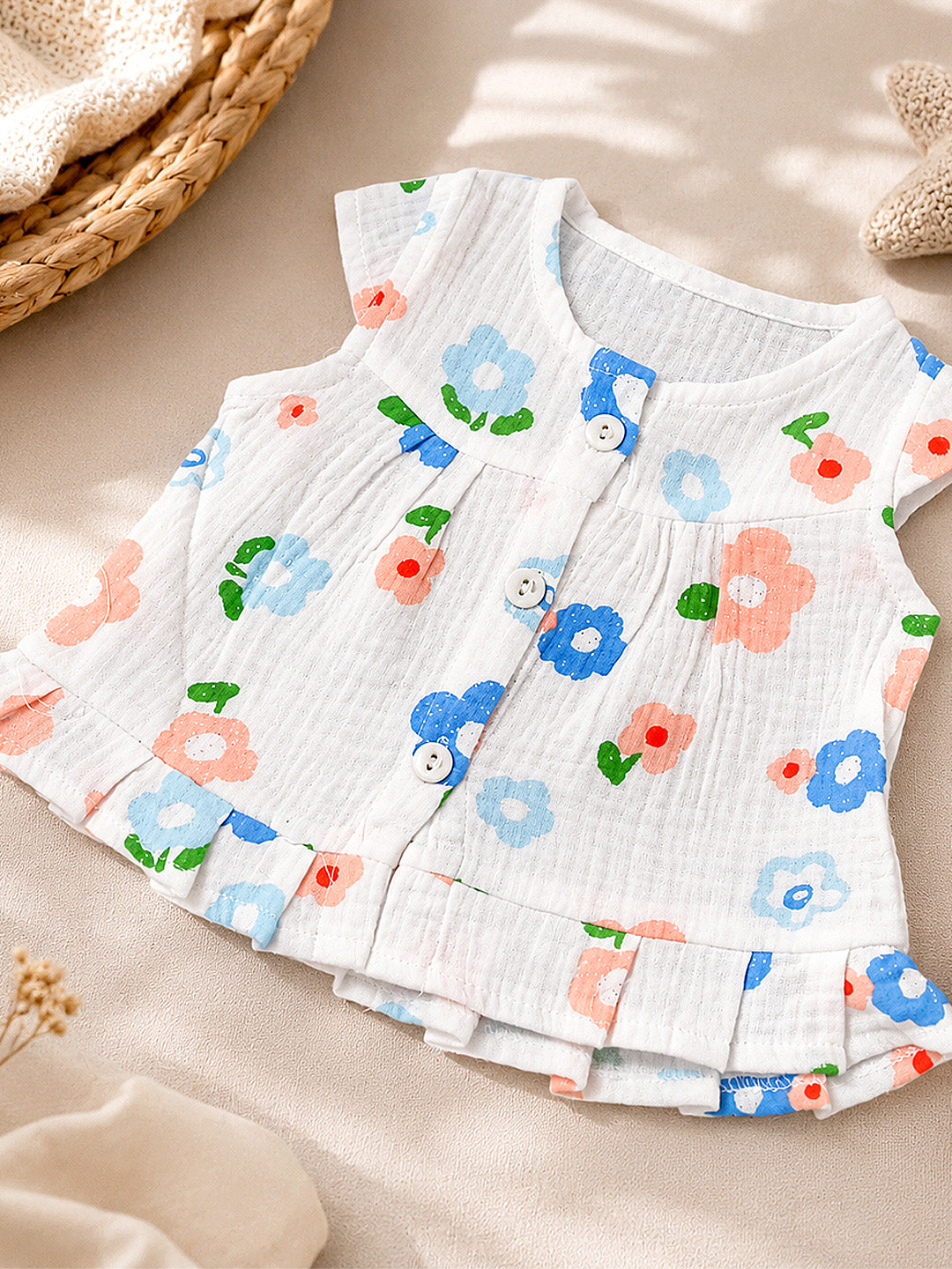 Blue Flower Baby Girl Muslin Frock | Sleeveless Button-Front Dress with Ruffle Hem