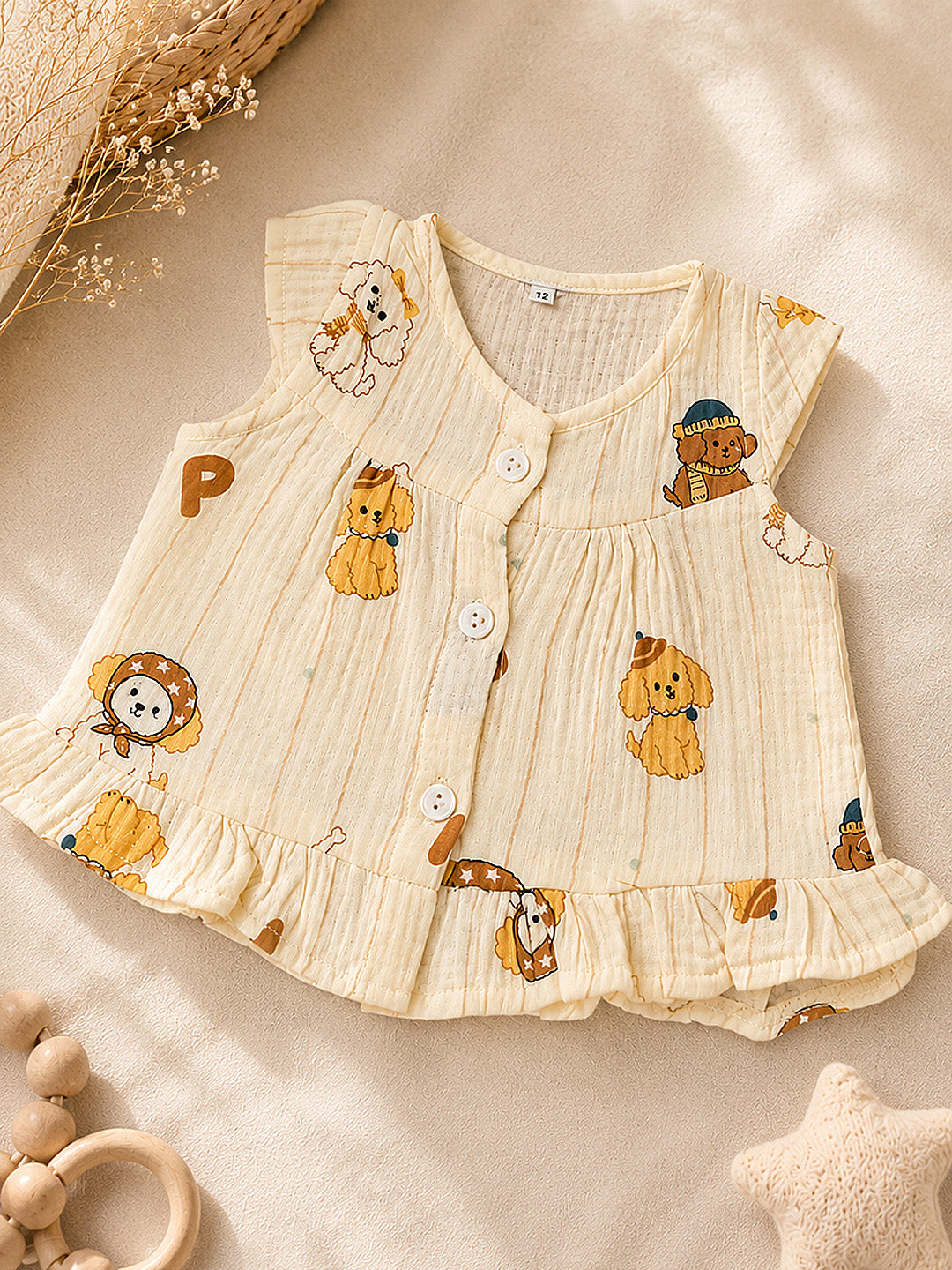 Puppy Print Baby Girl Muslin Frock | Sleeveless Flutter Sleeve Dress with Ruffle Hem | Button Placket
